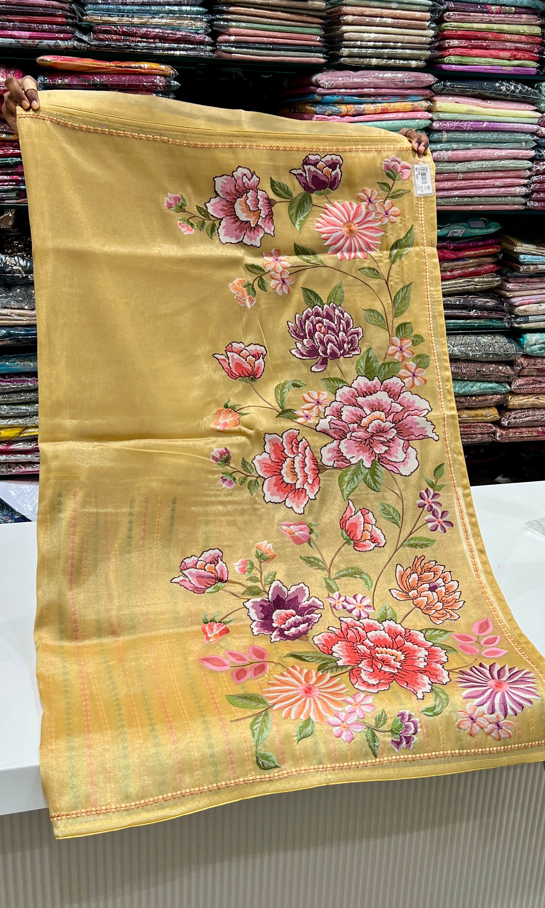 Yellow Floral Printed Saree with Scallop Border