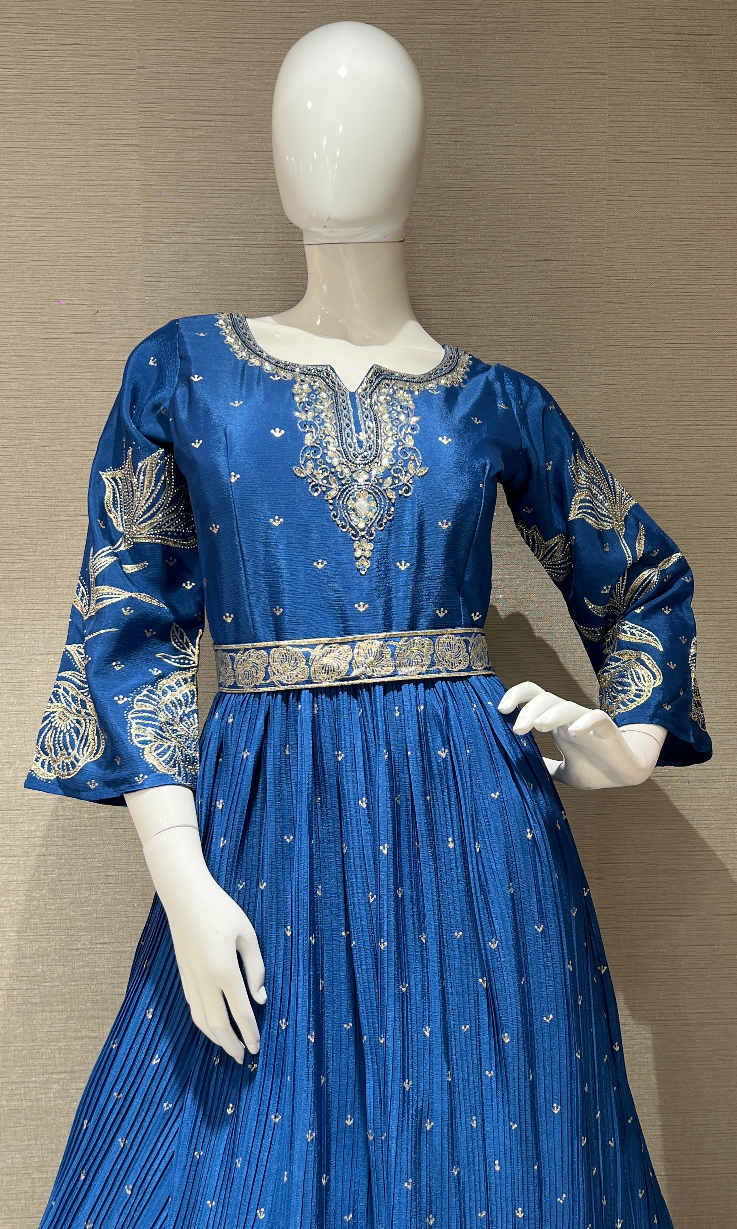 Dark Blue long anarkali with gold embroidered