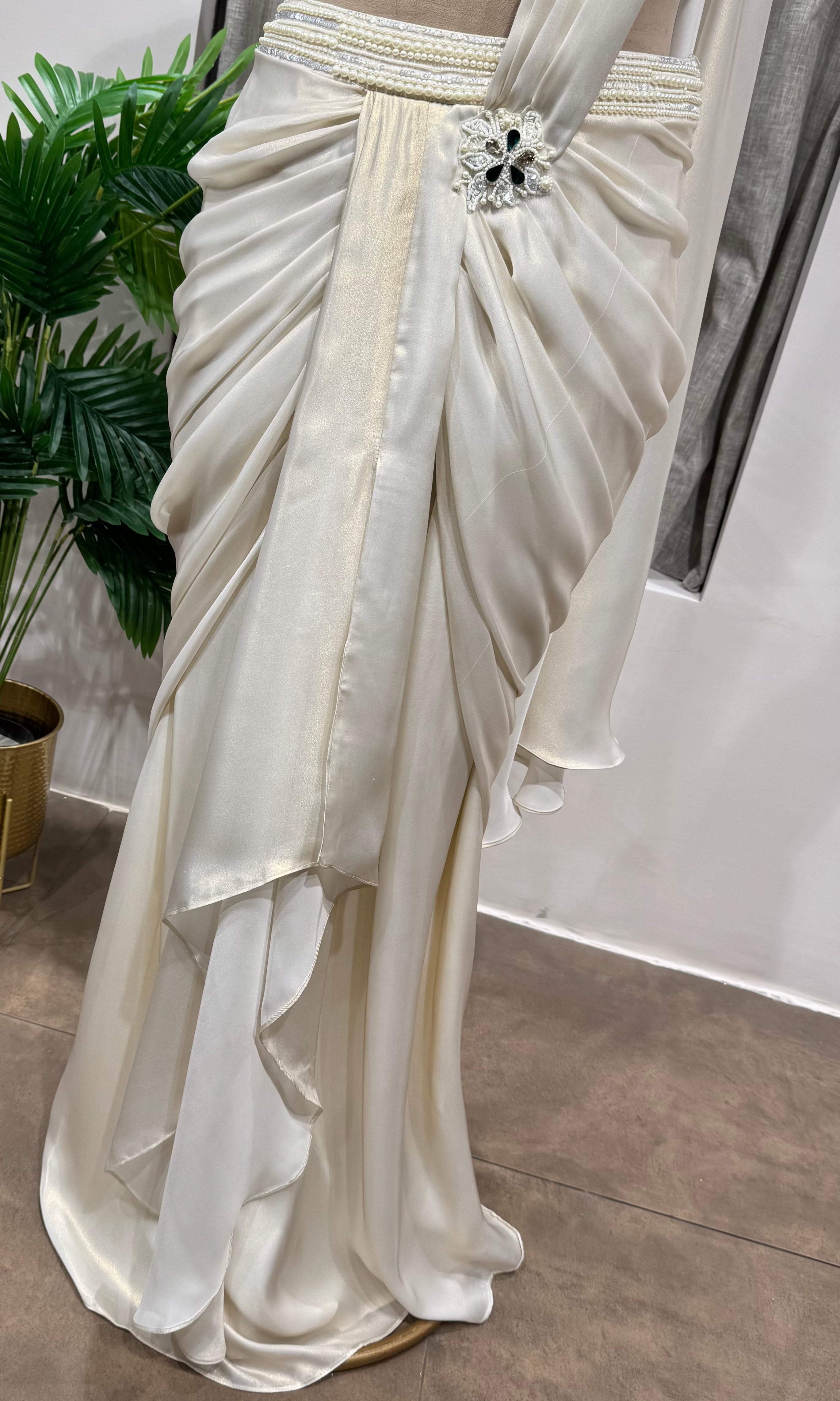 White Mirror and Pearl Embroidered Satin Draped SKIRT