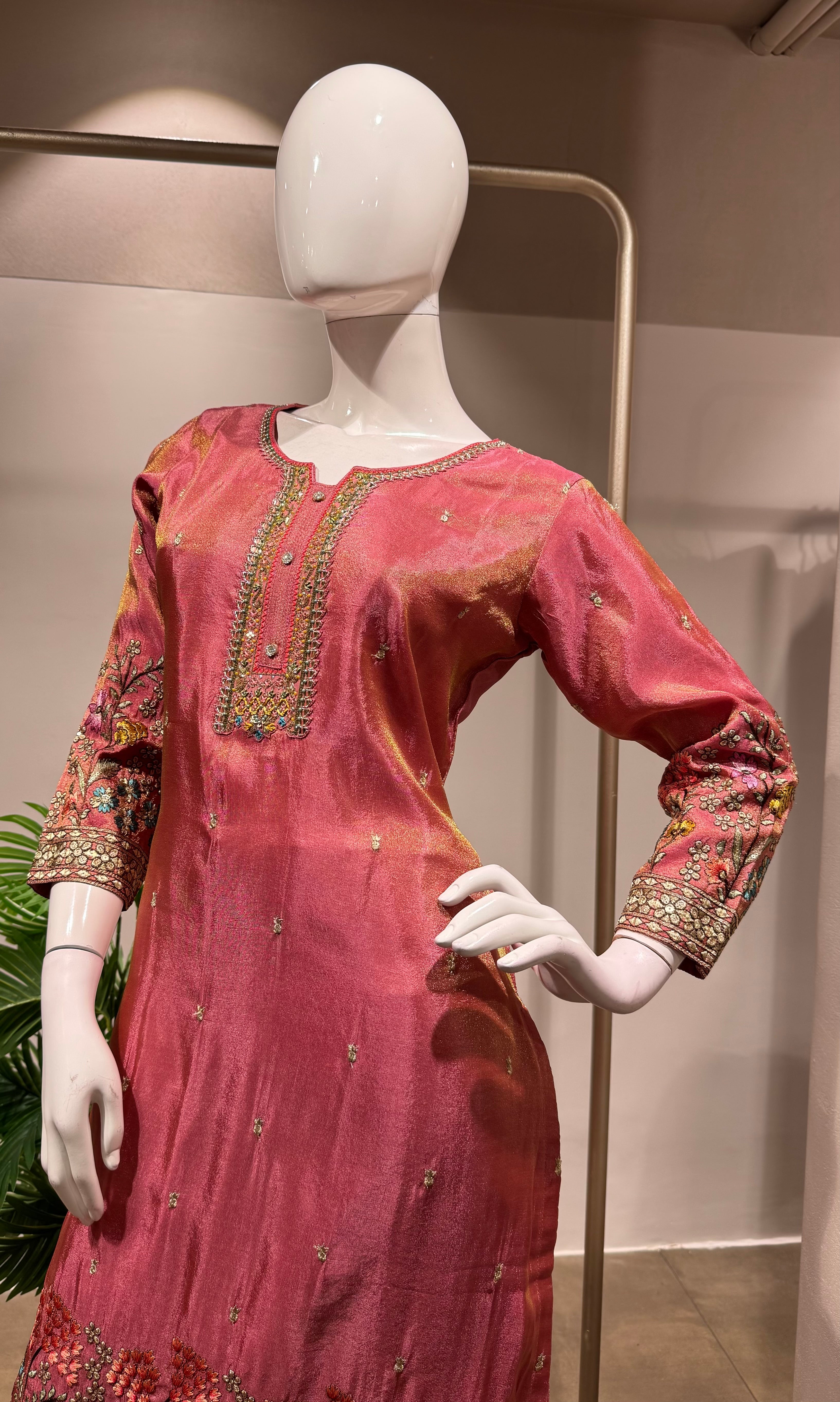 Pink Silk Straight Cut Suit with Zari Detailing