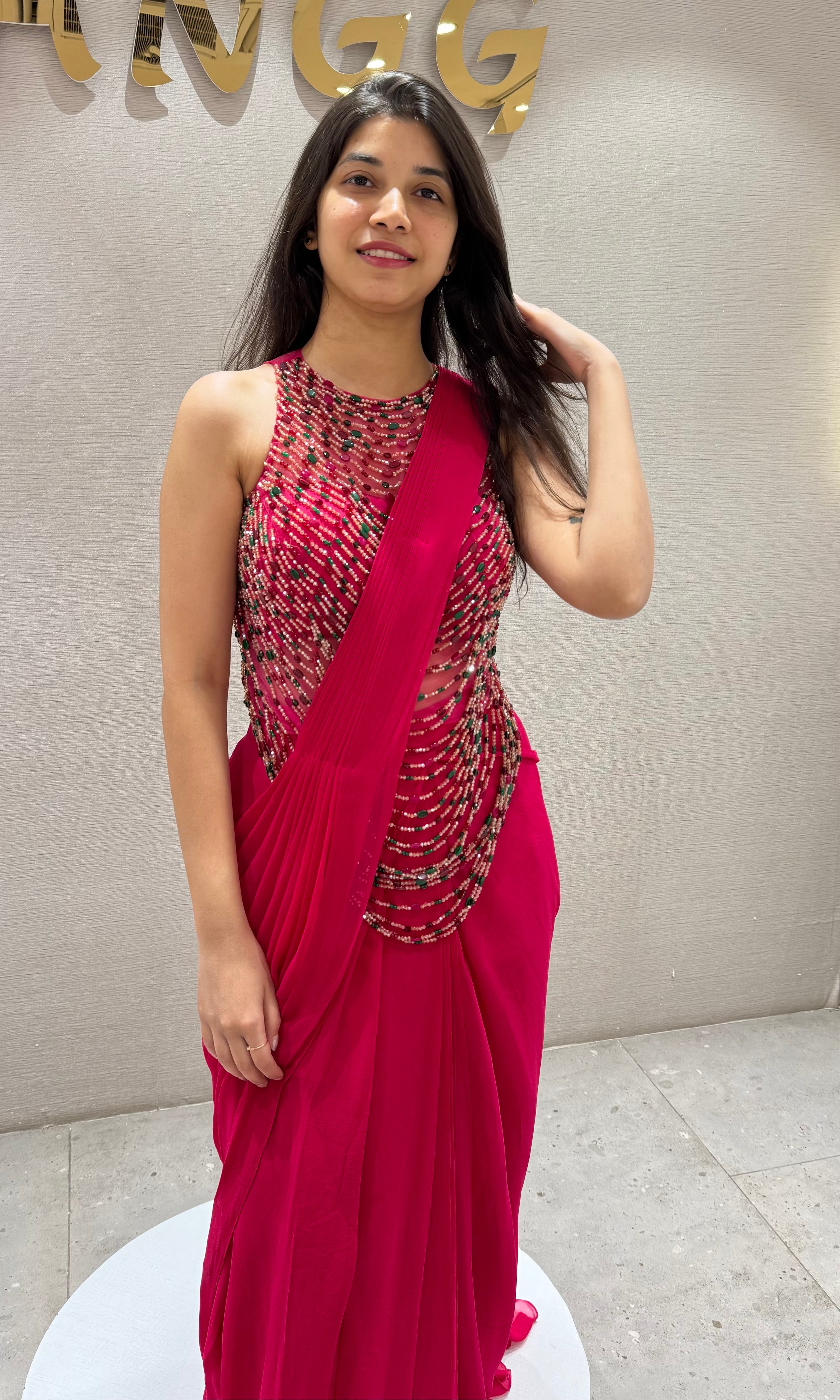 Pink DRAPE SAREE WITH HALTER BLOUSE