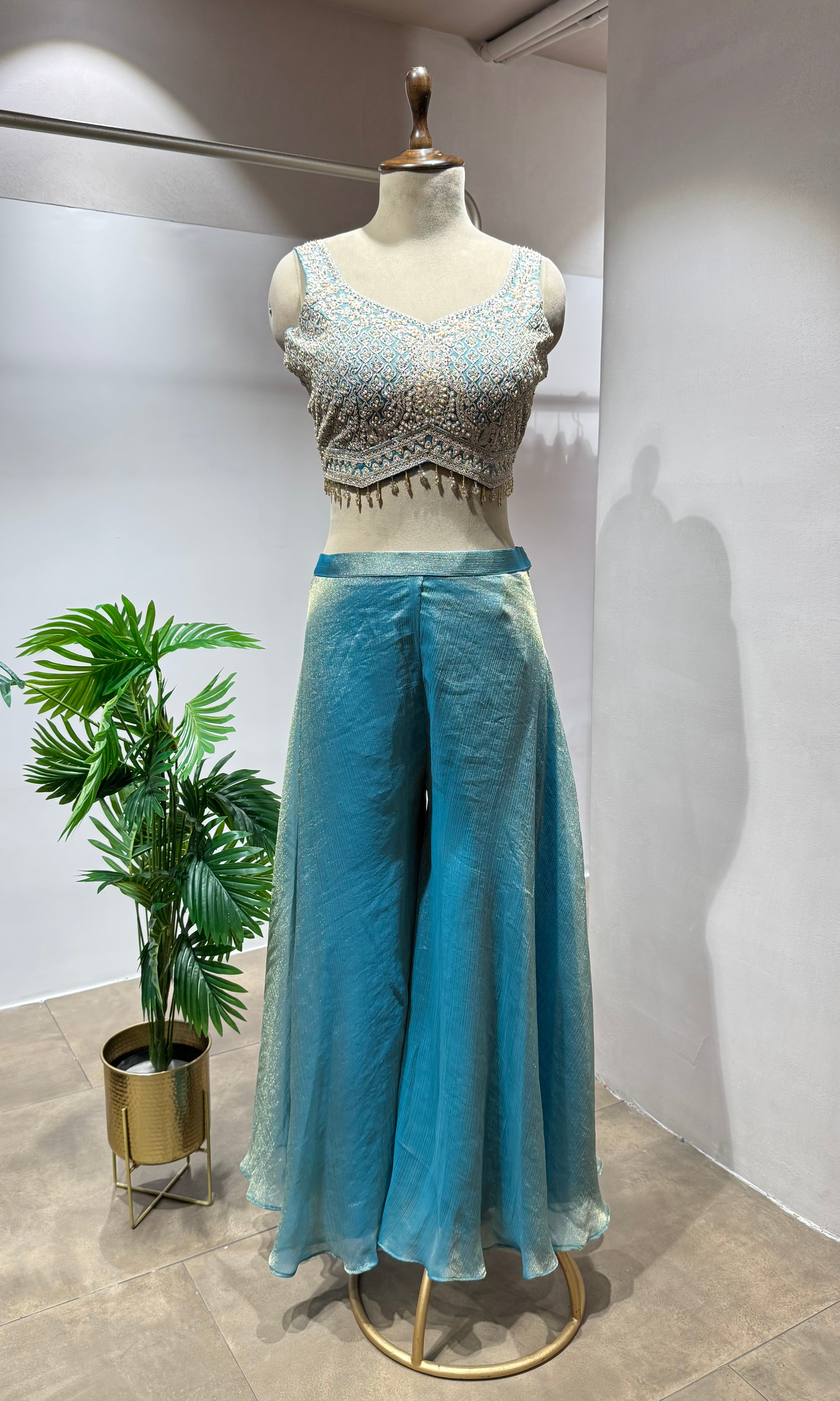 Sea green CROP TOP PALAZZO WITH CAPE