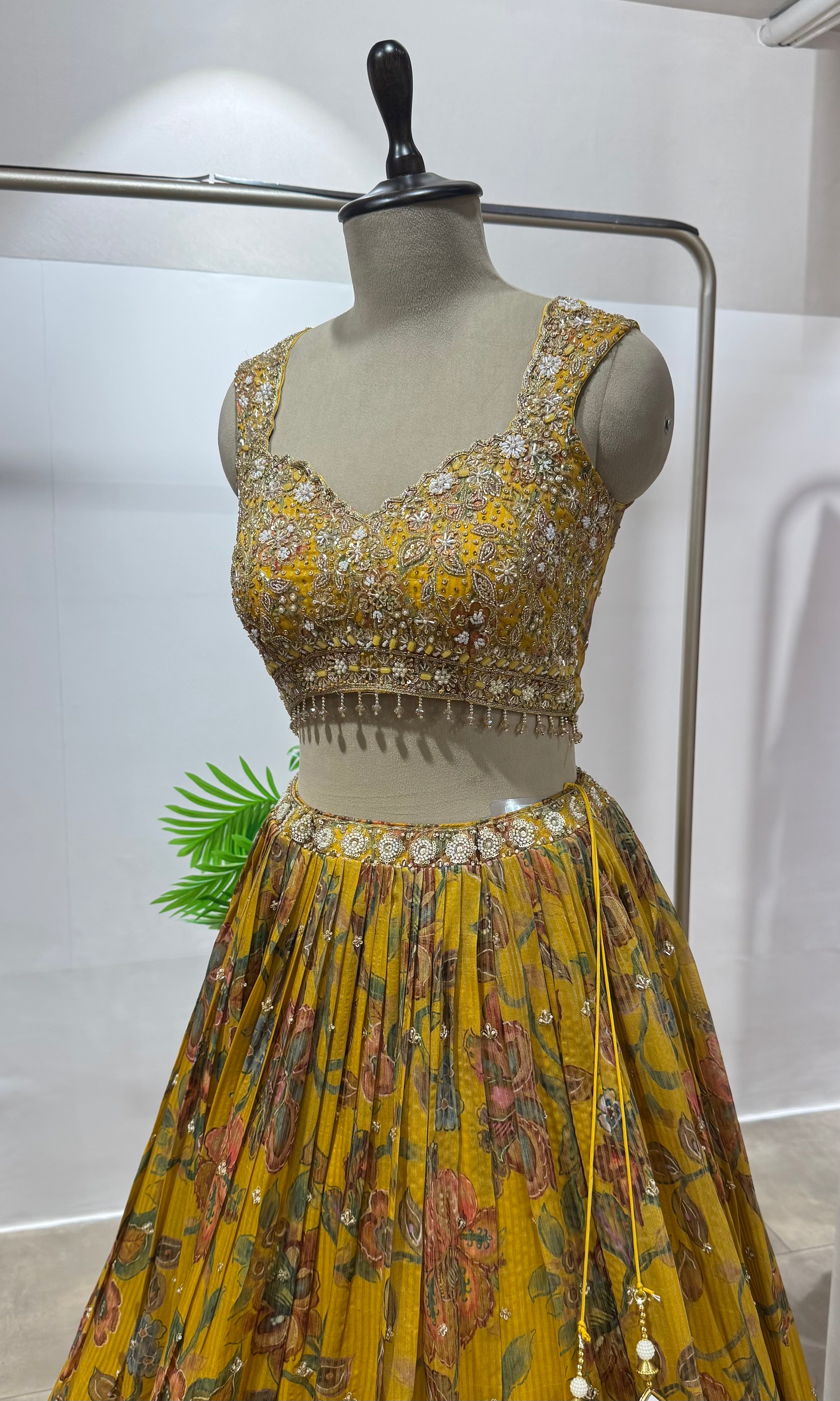 Mustard floral embroidery Lehenga