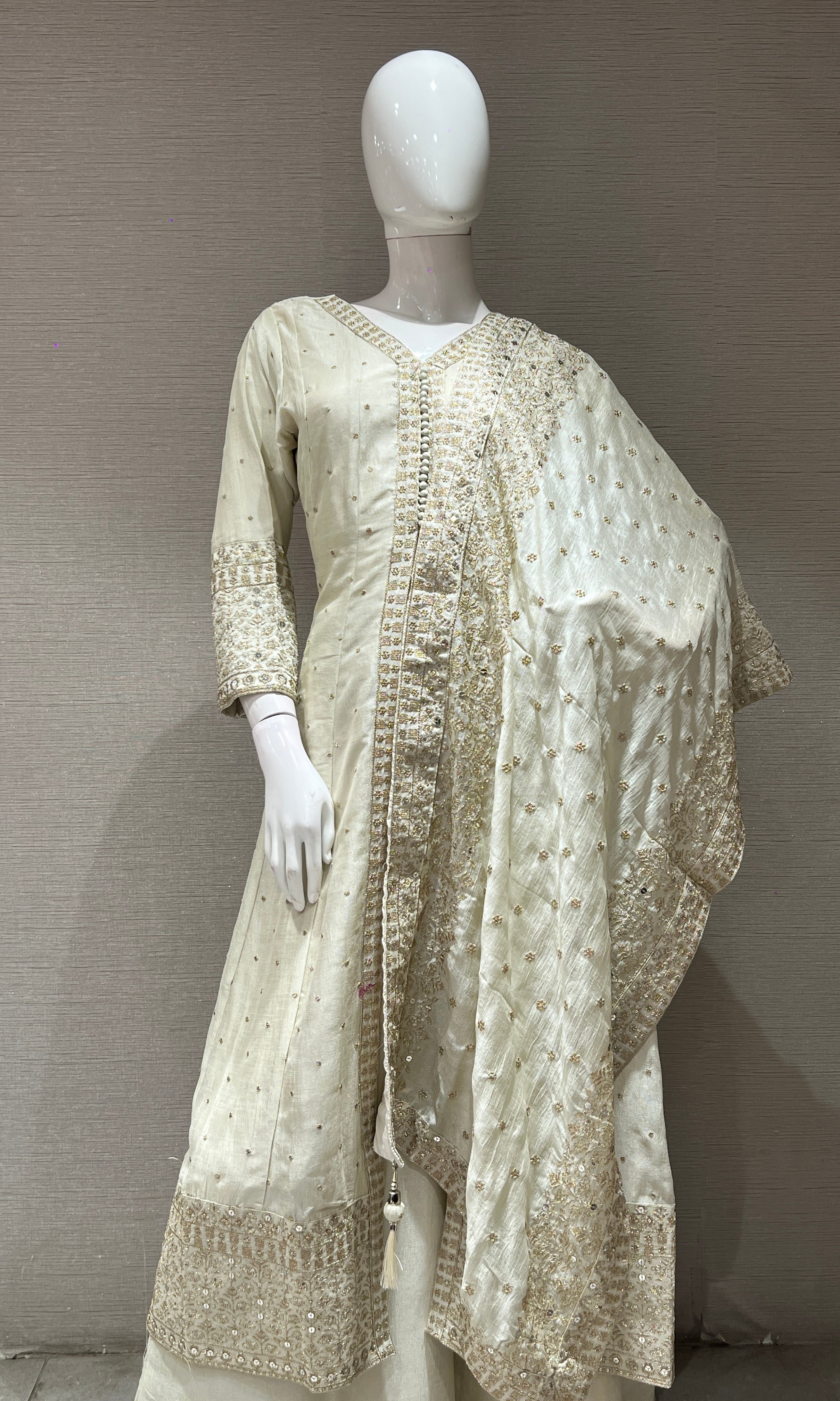 Cream embroidered front slit Anarkali