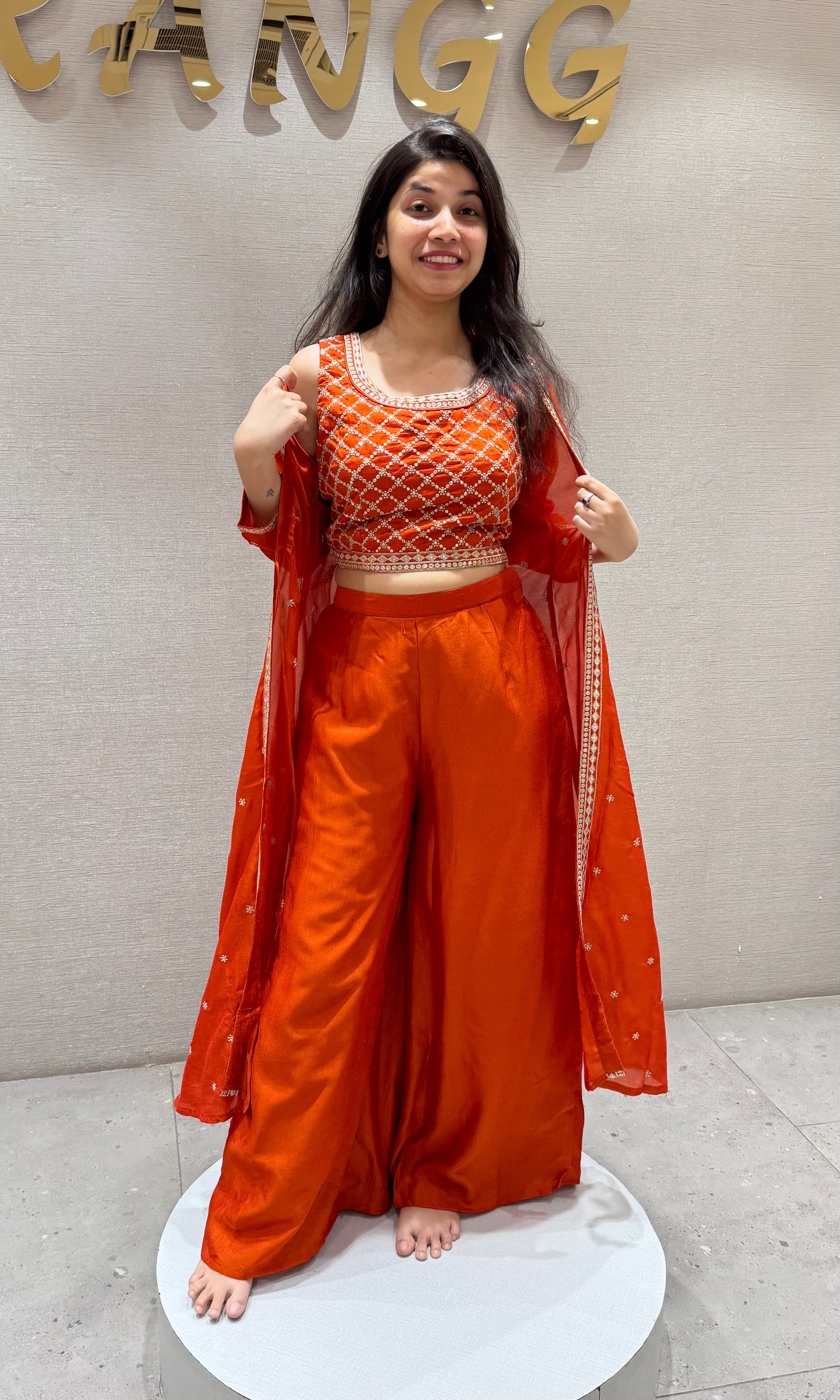 Orange EMBELLISHED CROP TOP PALAZZO SET