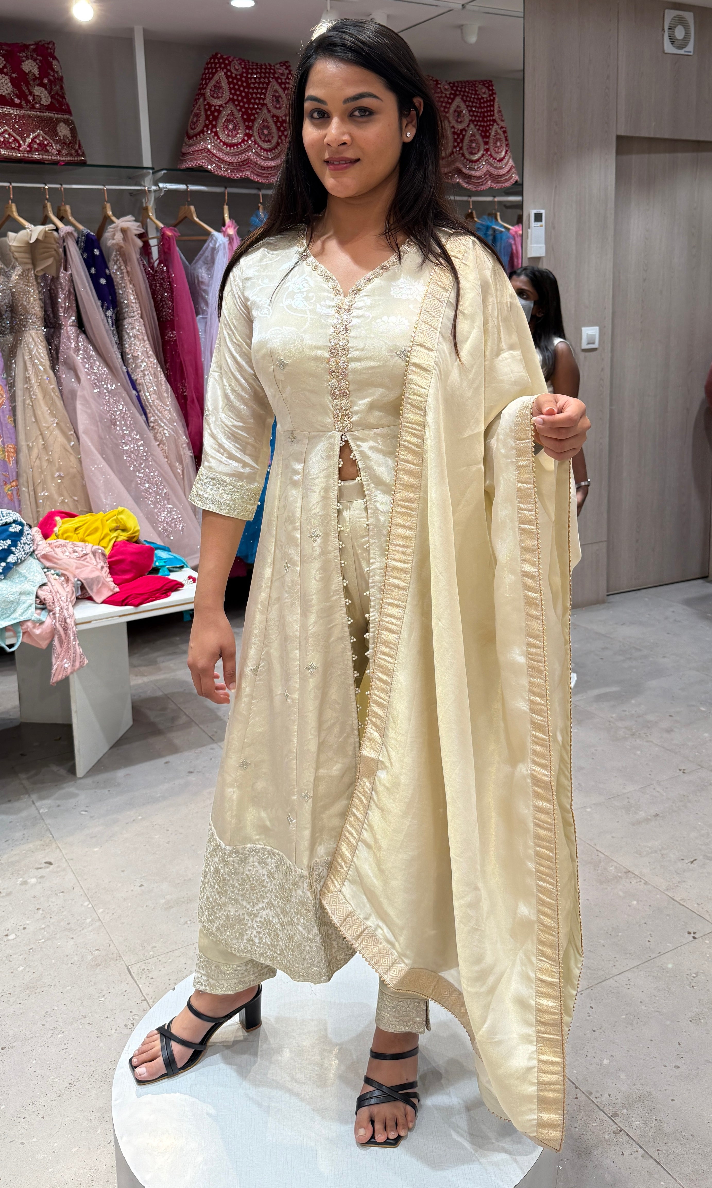 White front slit Kurti set with straight pant