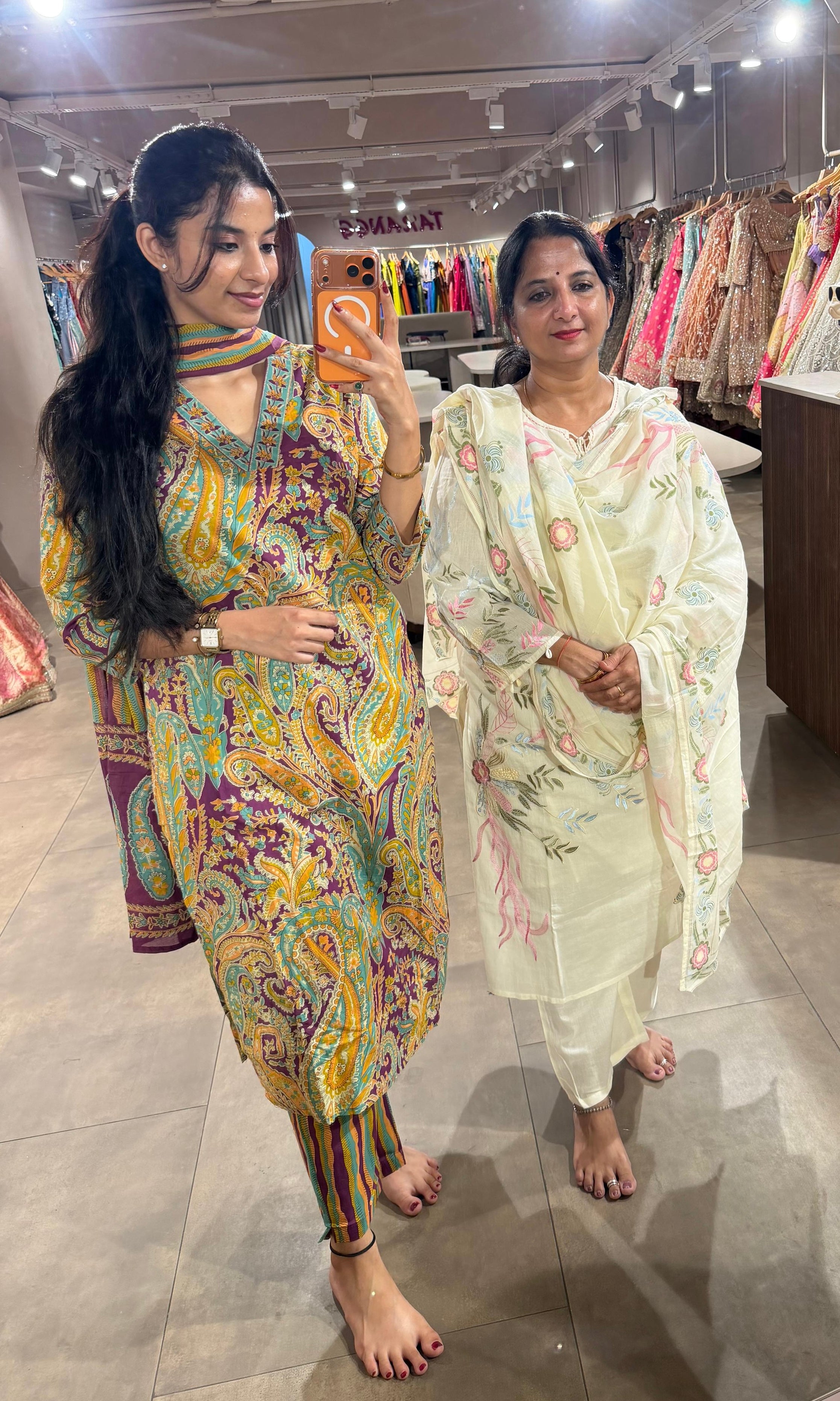 Cream spring summer floral design kurta set