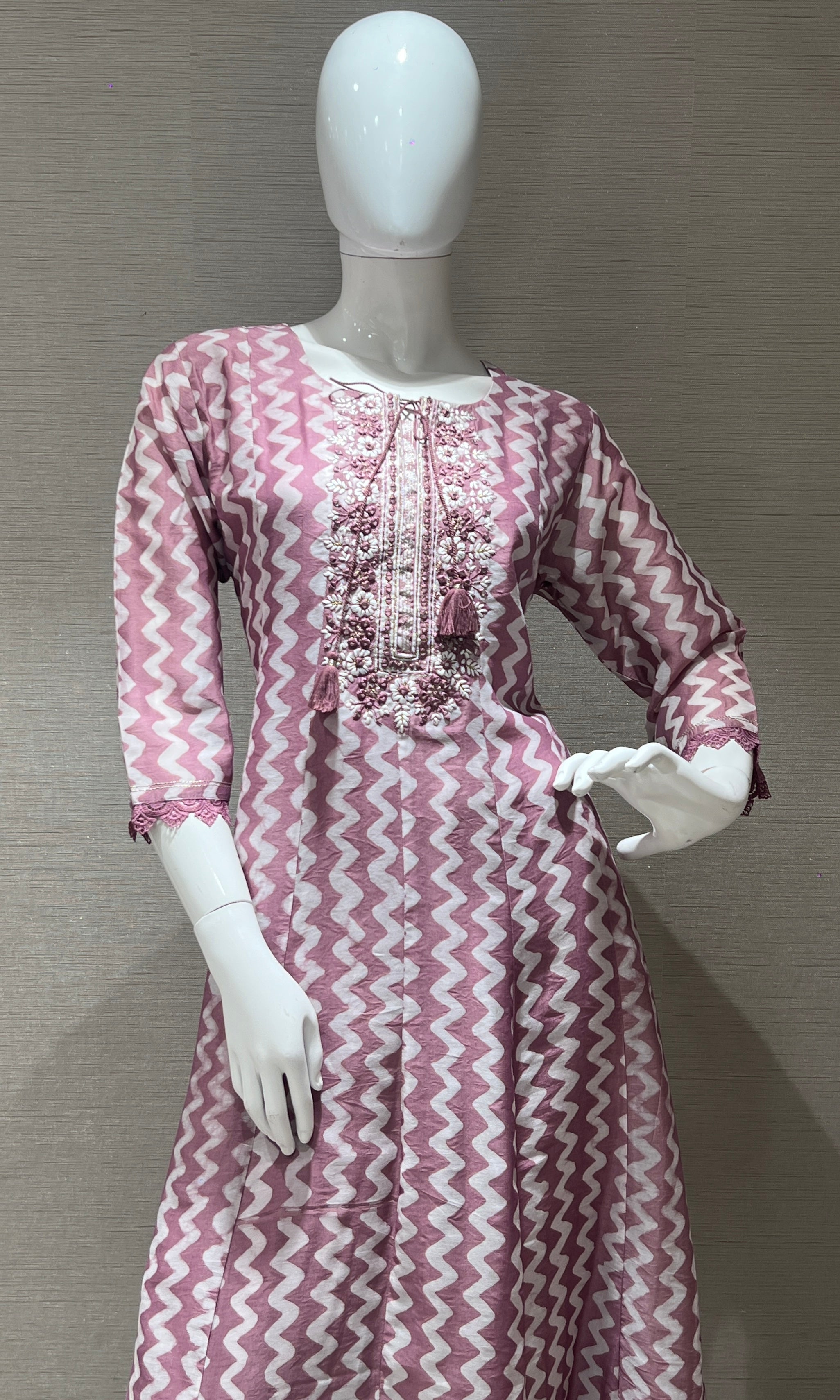 Elegant Pink and White Chevron Printed kurta with Embellished Neckline