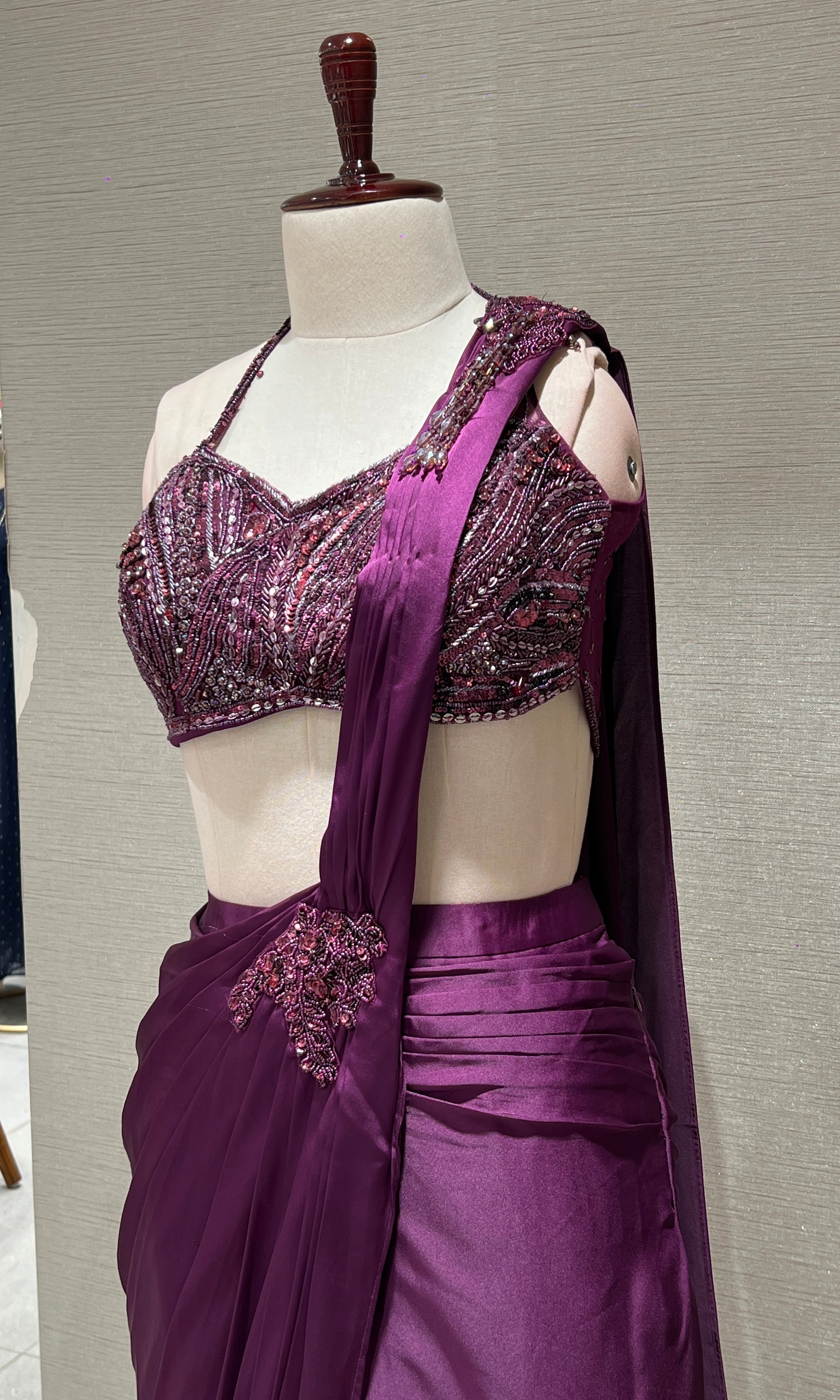 purple drape saree with cape