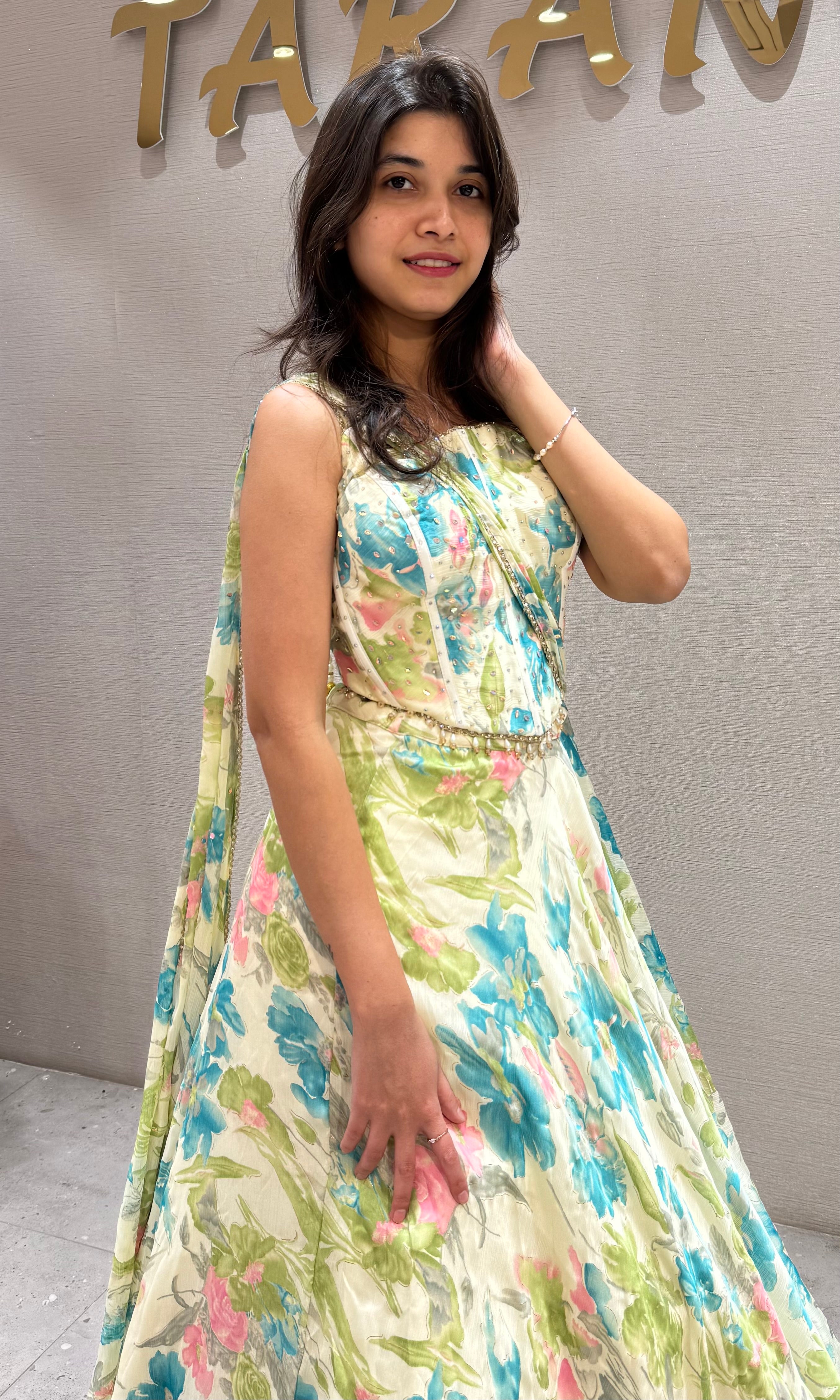 Blue Summer Bloom Floral Lehenga