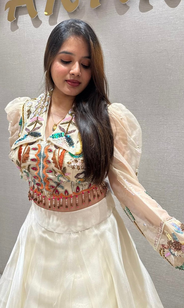 Pearl white cream gold lehenga designer blouse
