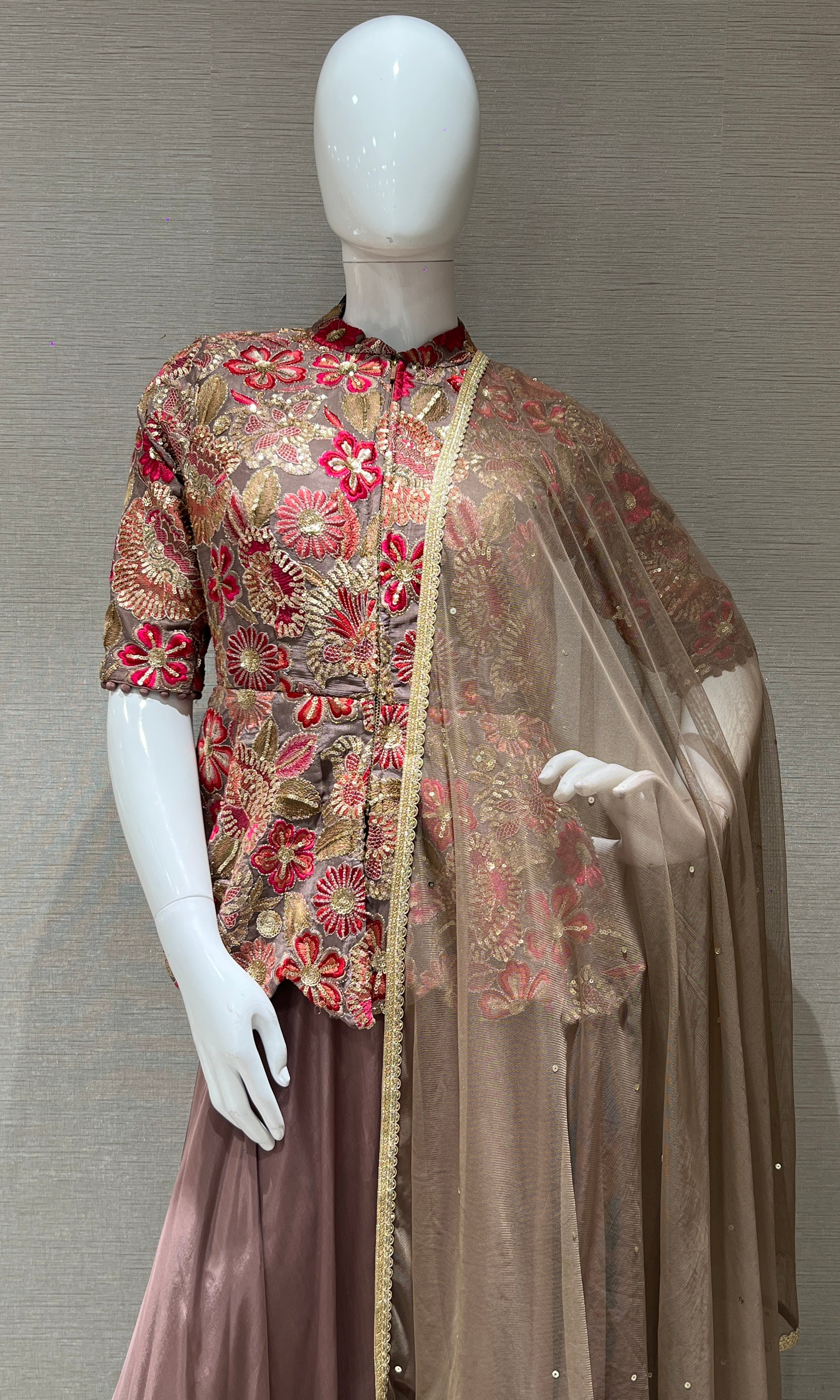 Light brown floral embroidered peplum palazoo