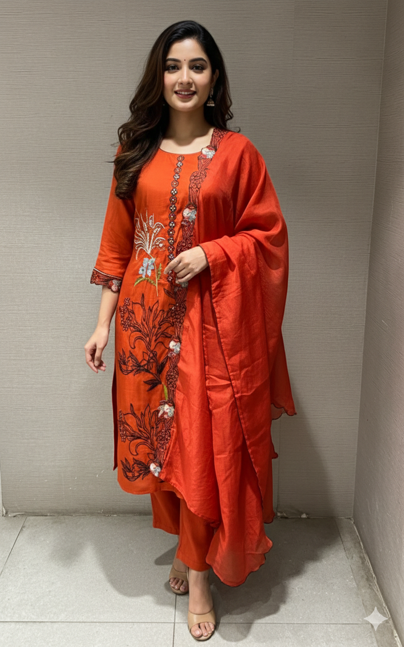 RUST Floral Embellished MUL CHANDERI KURTA SET