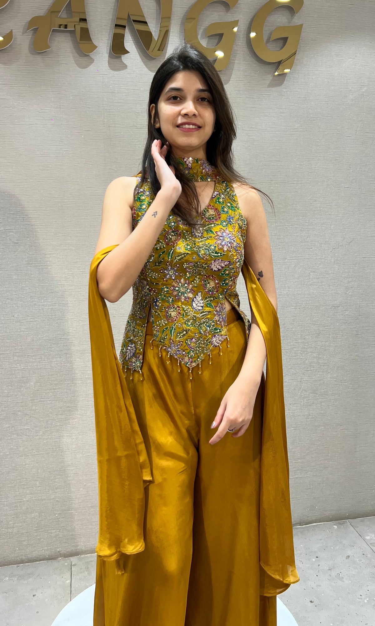 Mustard Gold Satin silk Embroidered Palazzo Set
