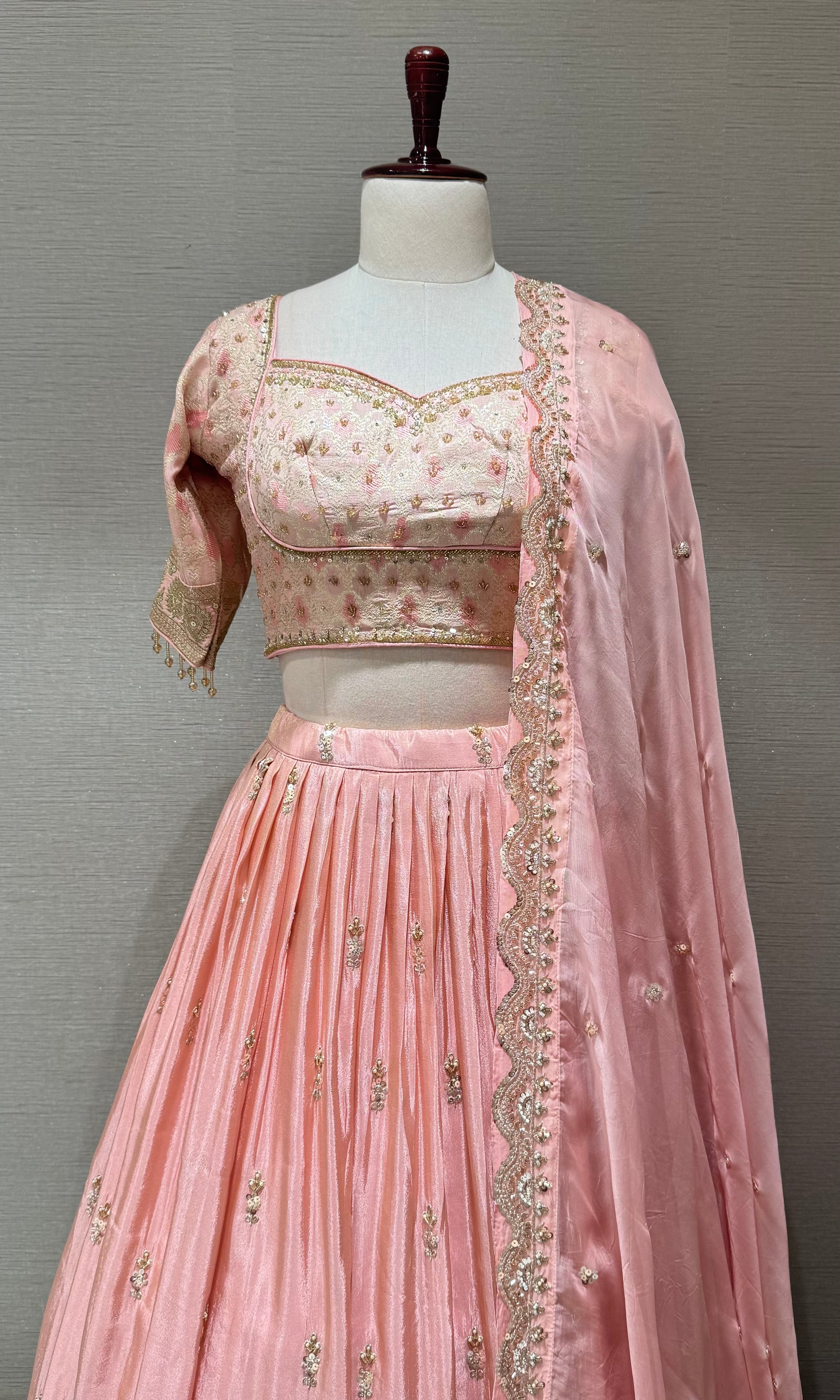 Blush Pink Sequins Embroidered Tissue Lehenga Choli