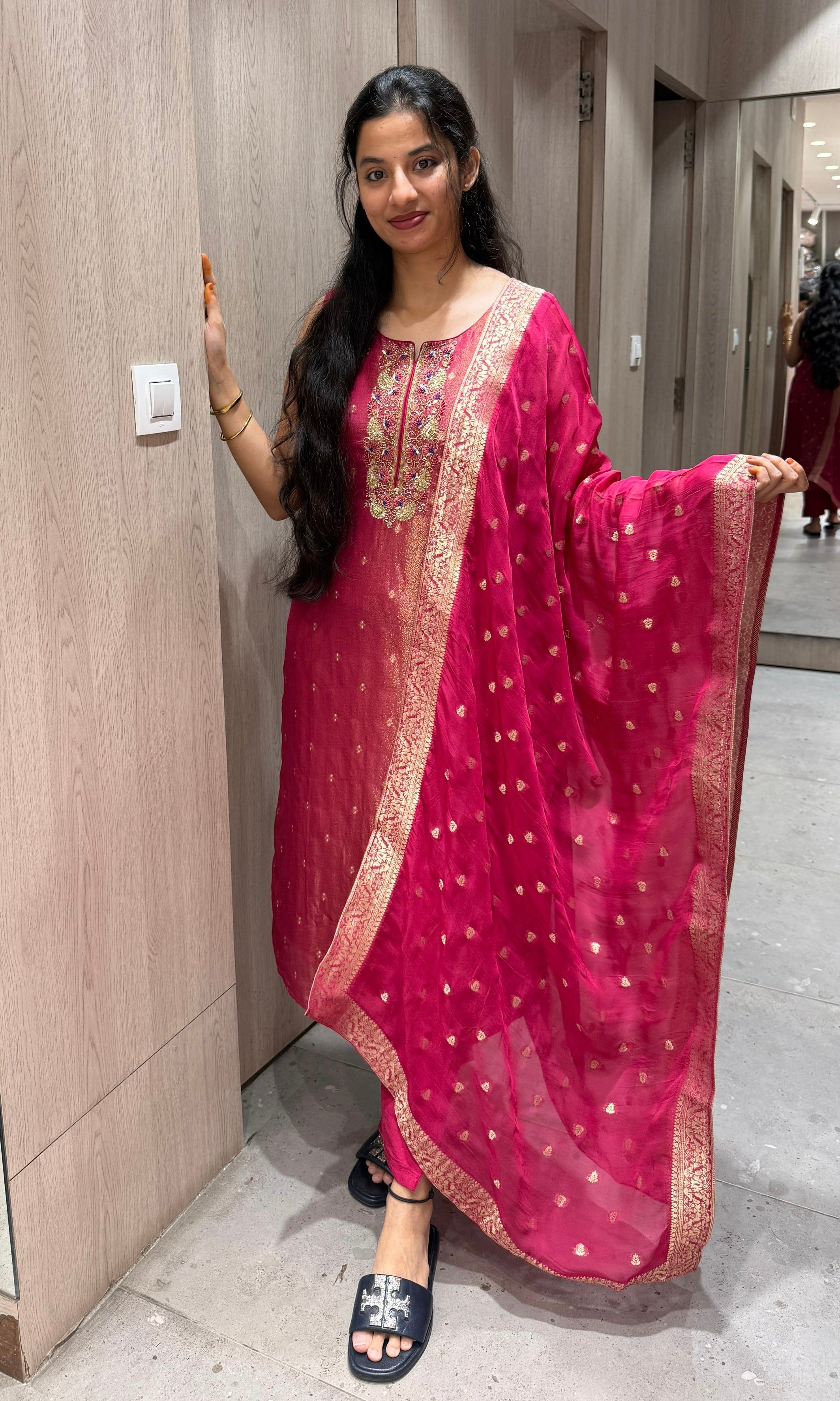 Magenta Pink Kurta Set with Gold Embroidery