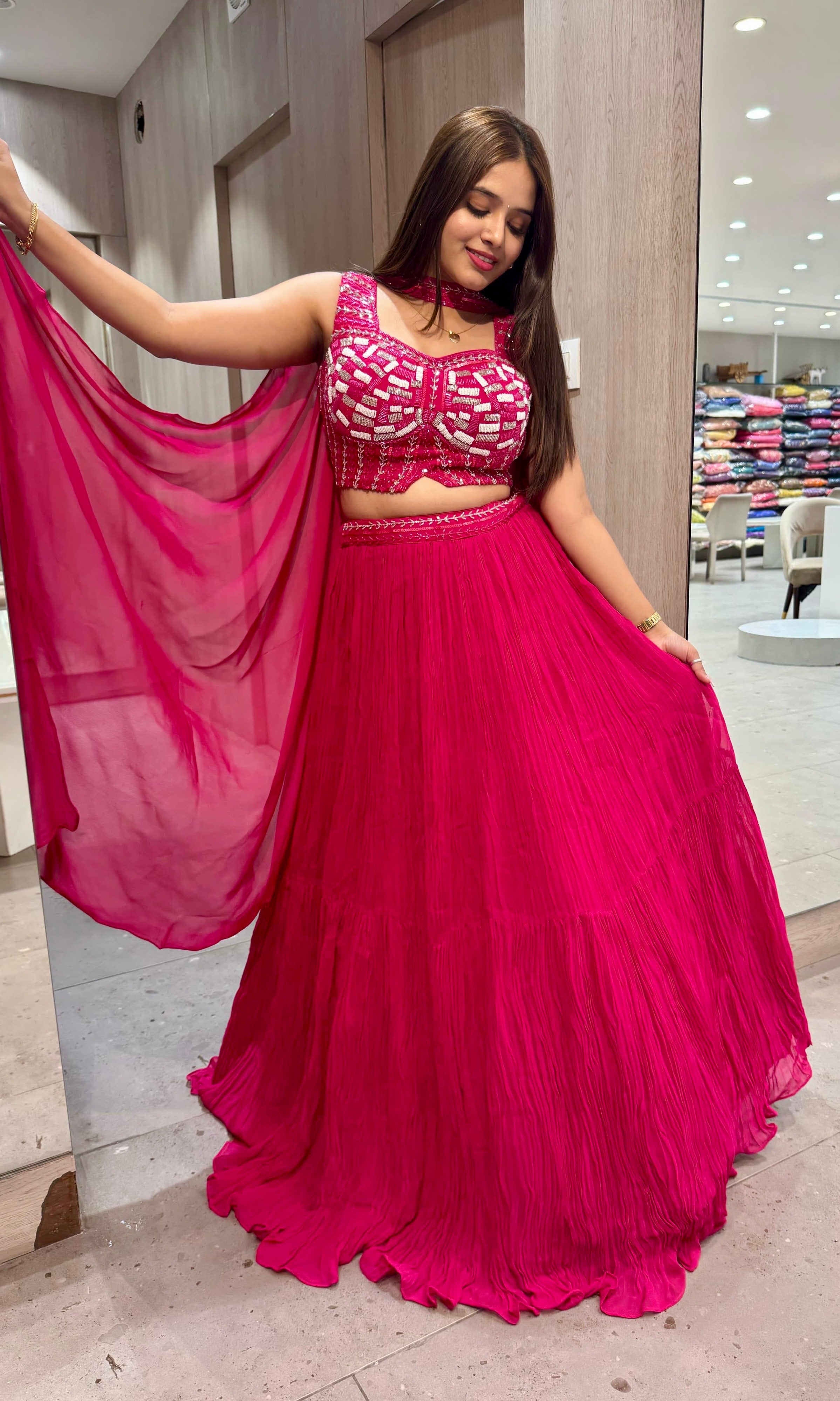 Rani pink croptop with crushed Lehenga