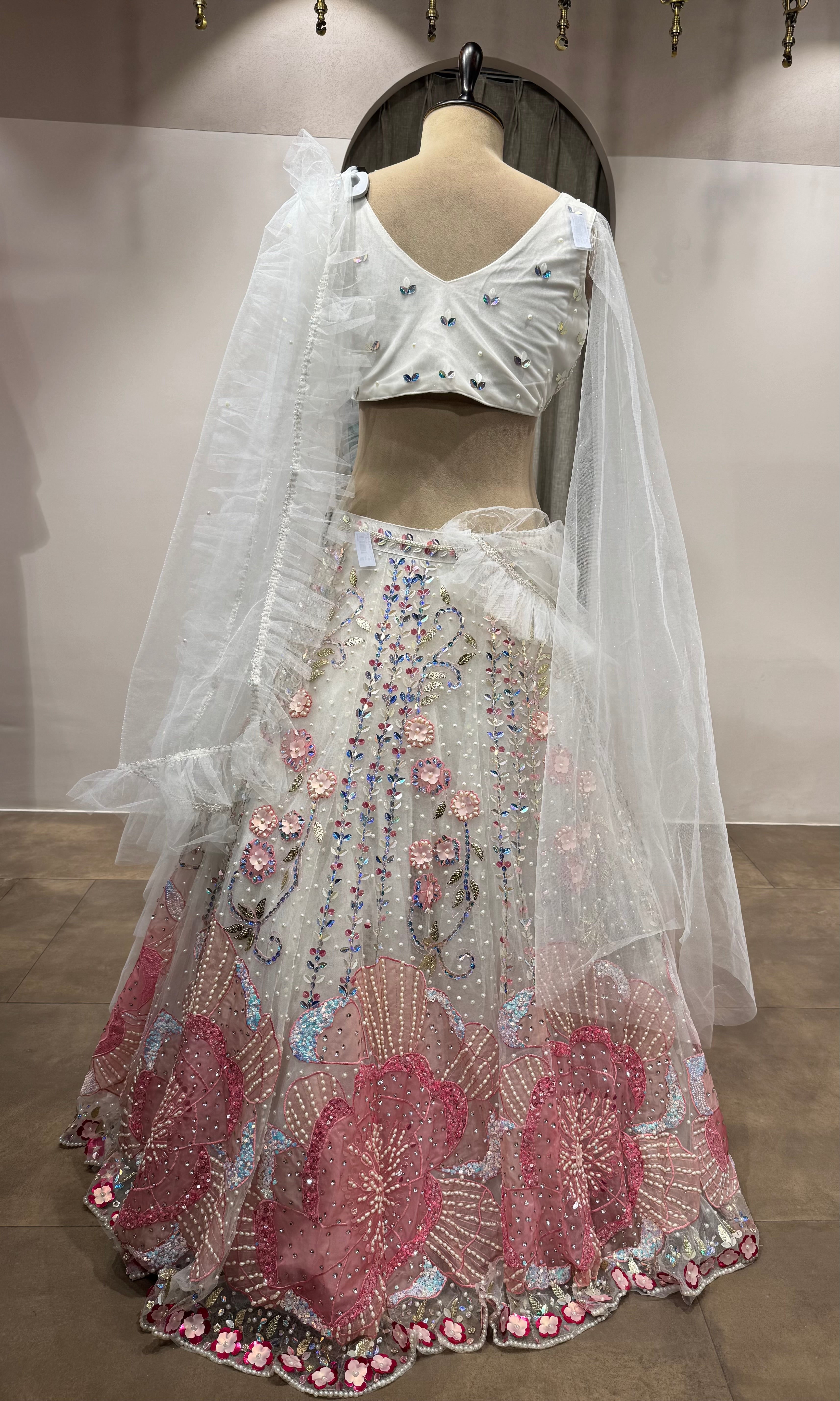 White Organza Lehenga with Pink Threadwork