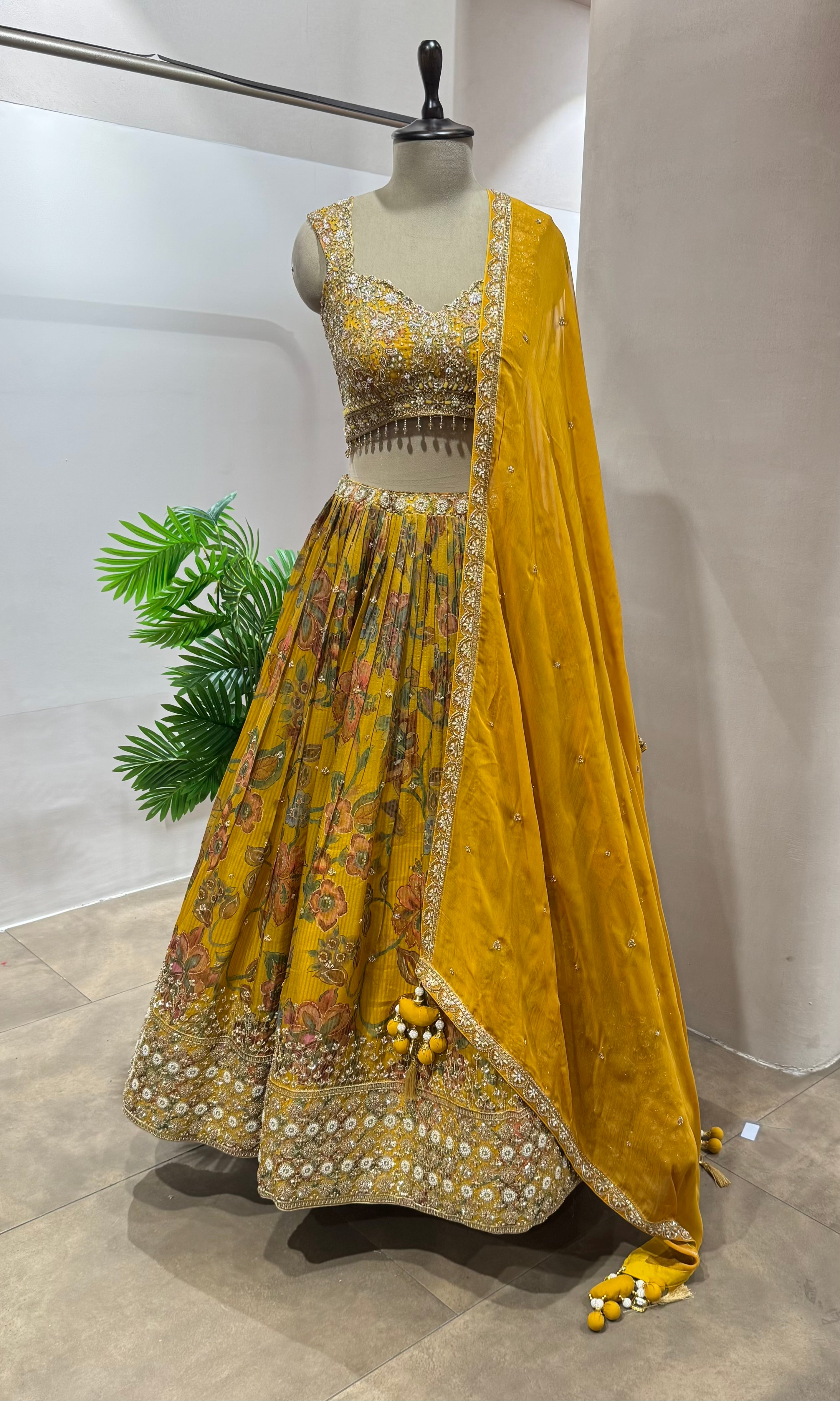 Mustard floral intricate embroidery Lehenga