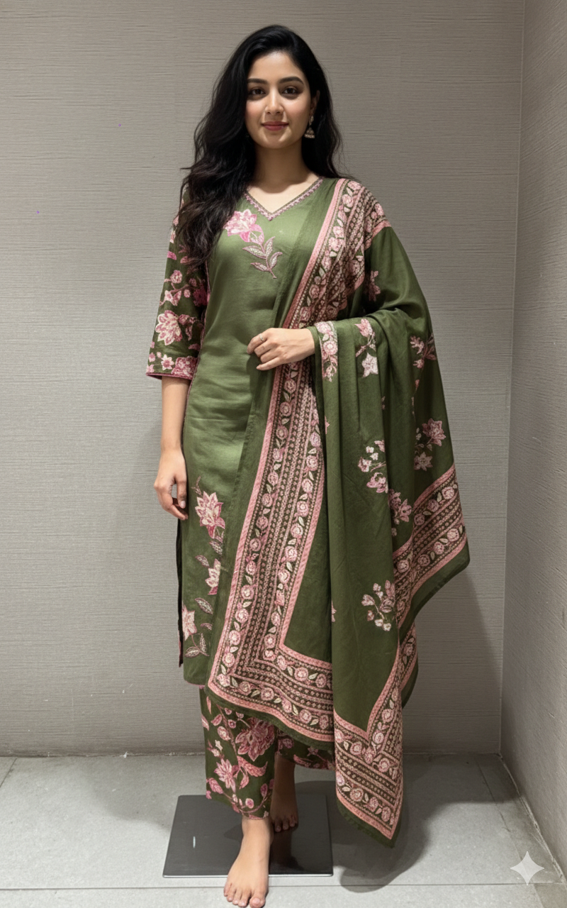 MEHANDI GREEN FLORAL PRINTED KURTA SET
