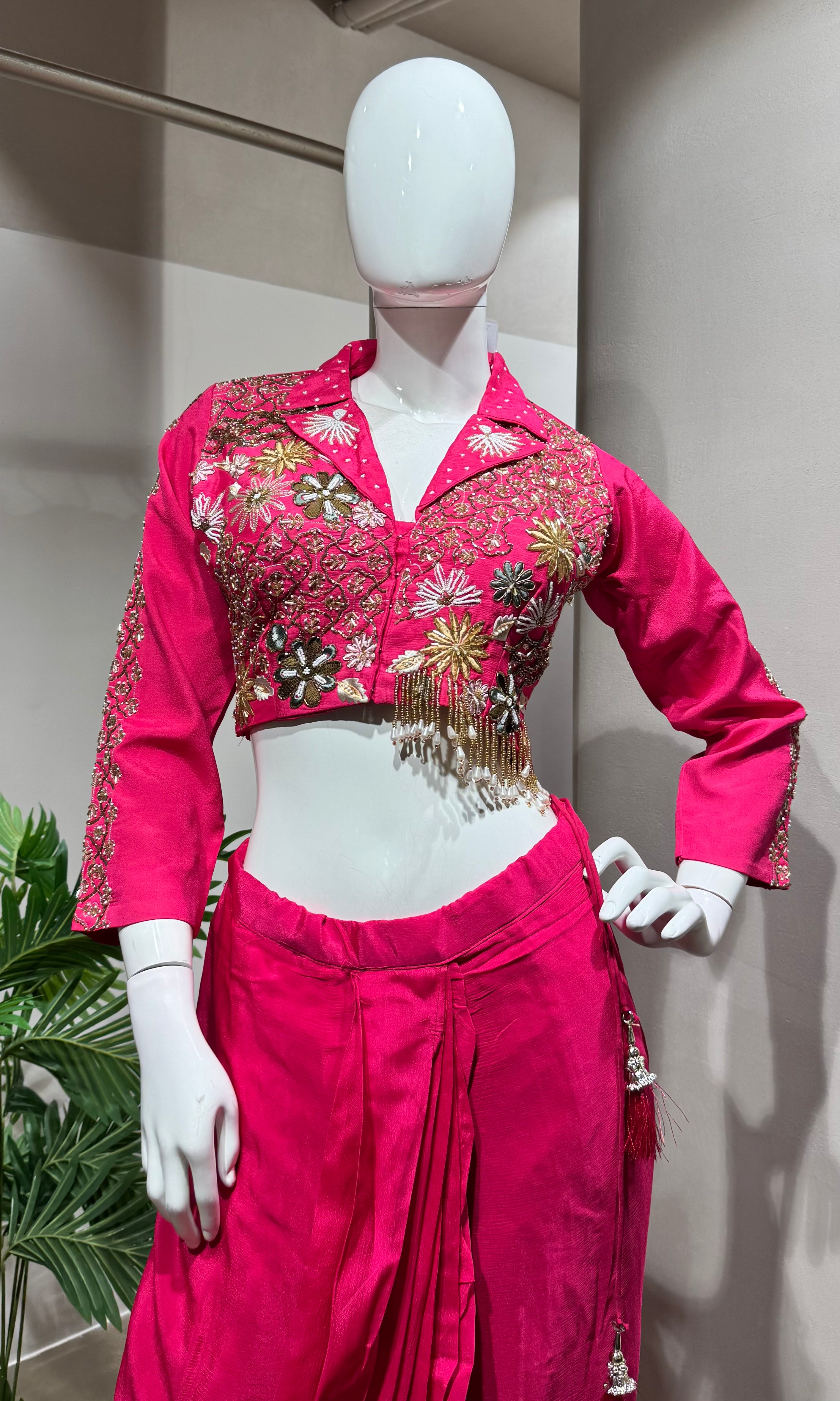 rani drape skirt set with embellished jacket blouse