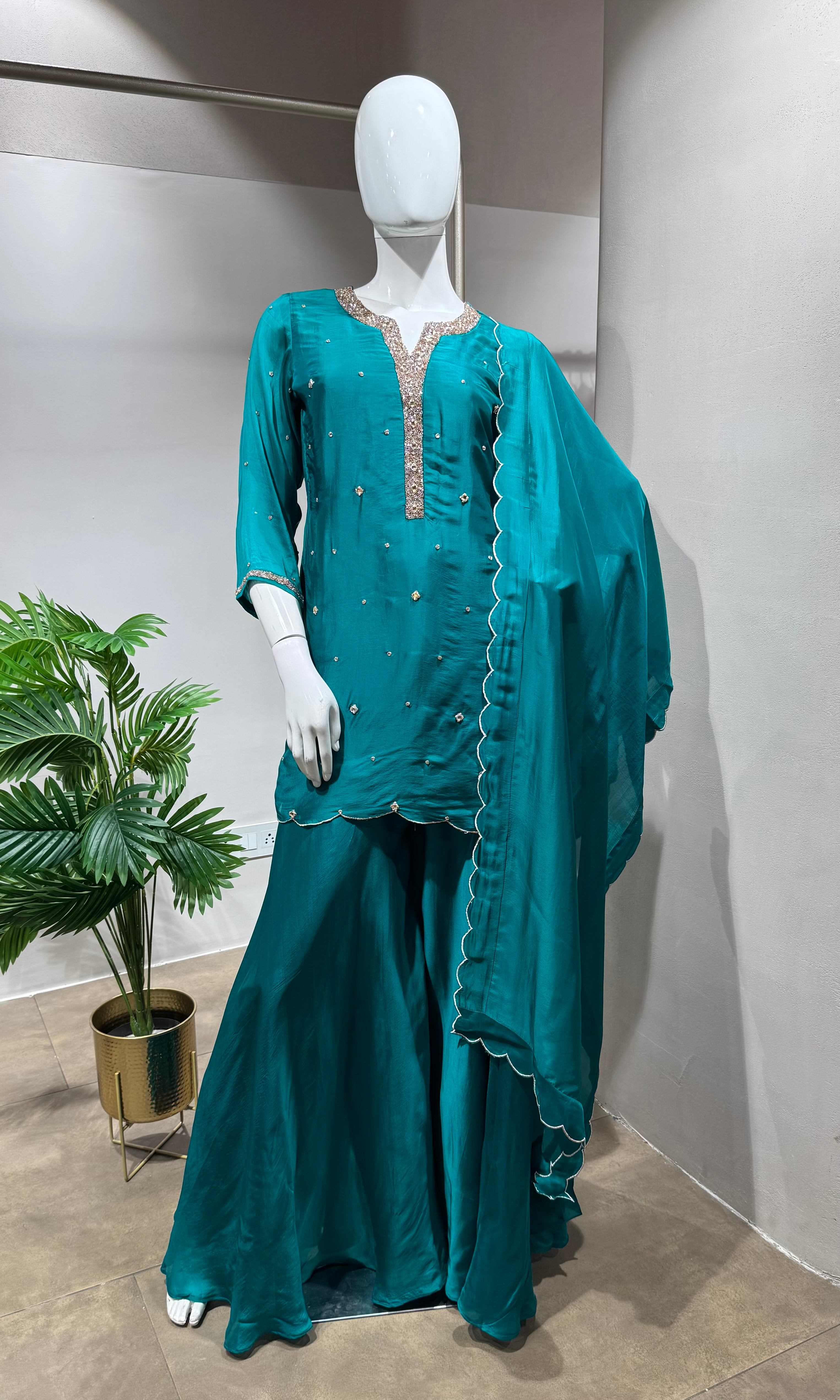 Green Embroidered Kurta Sharara Set with Dupatta