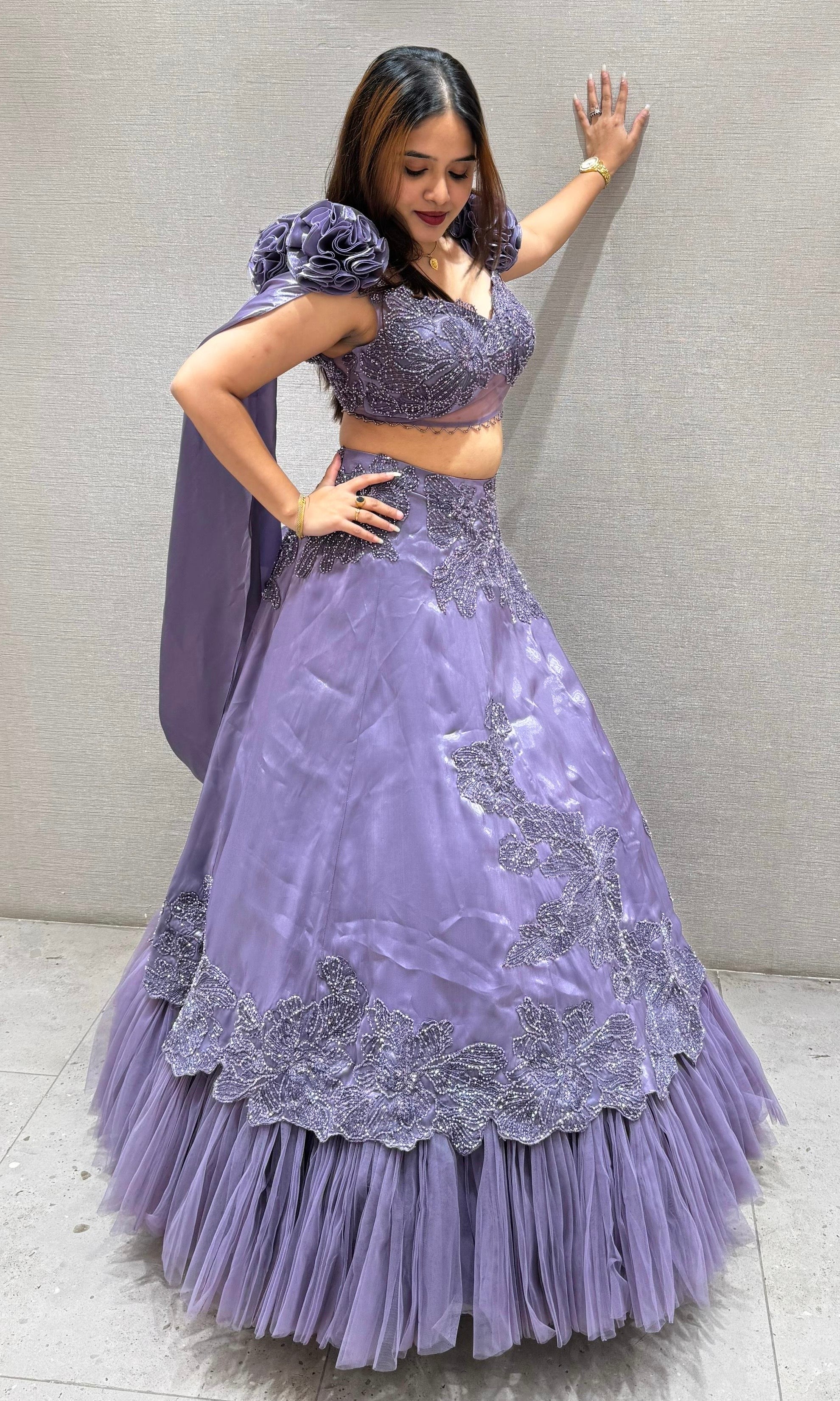 PURPLE EMBELLISHED RUFFLE LEHENGA