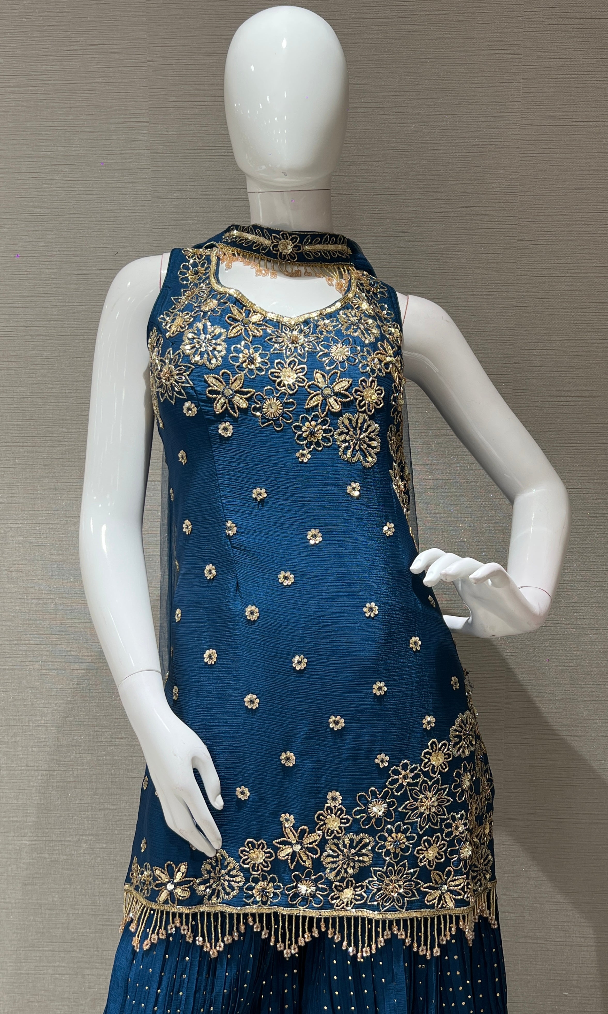 Peacock blue embroidered sharara set
