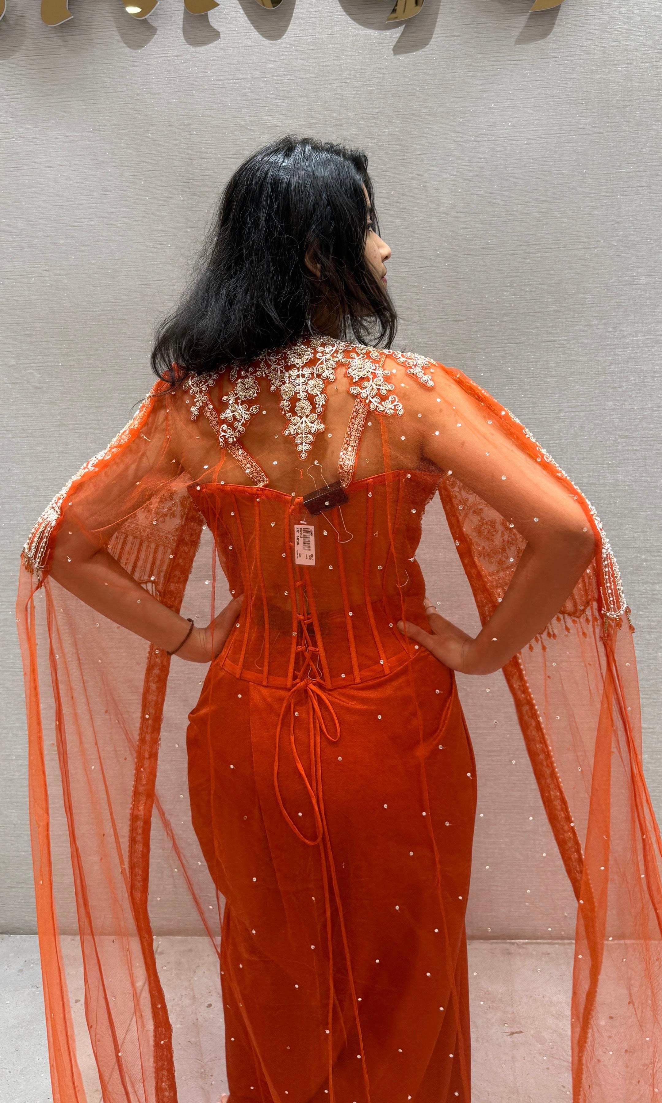 ORANGE 3 PIECE INDO WESTERN DRESS WITH SHRUG