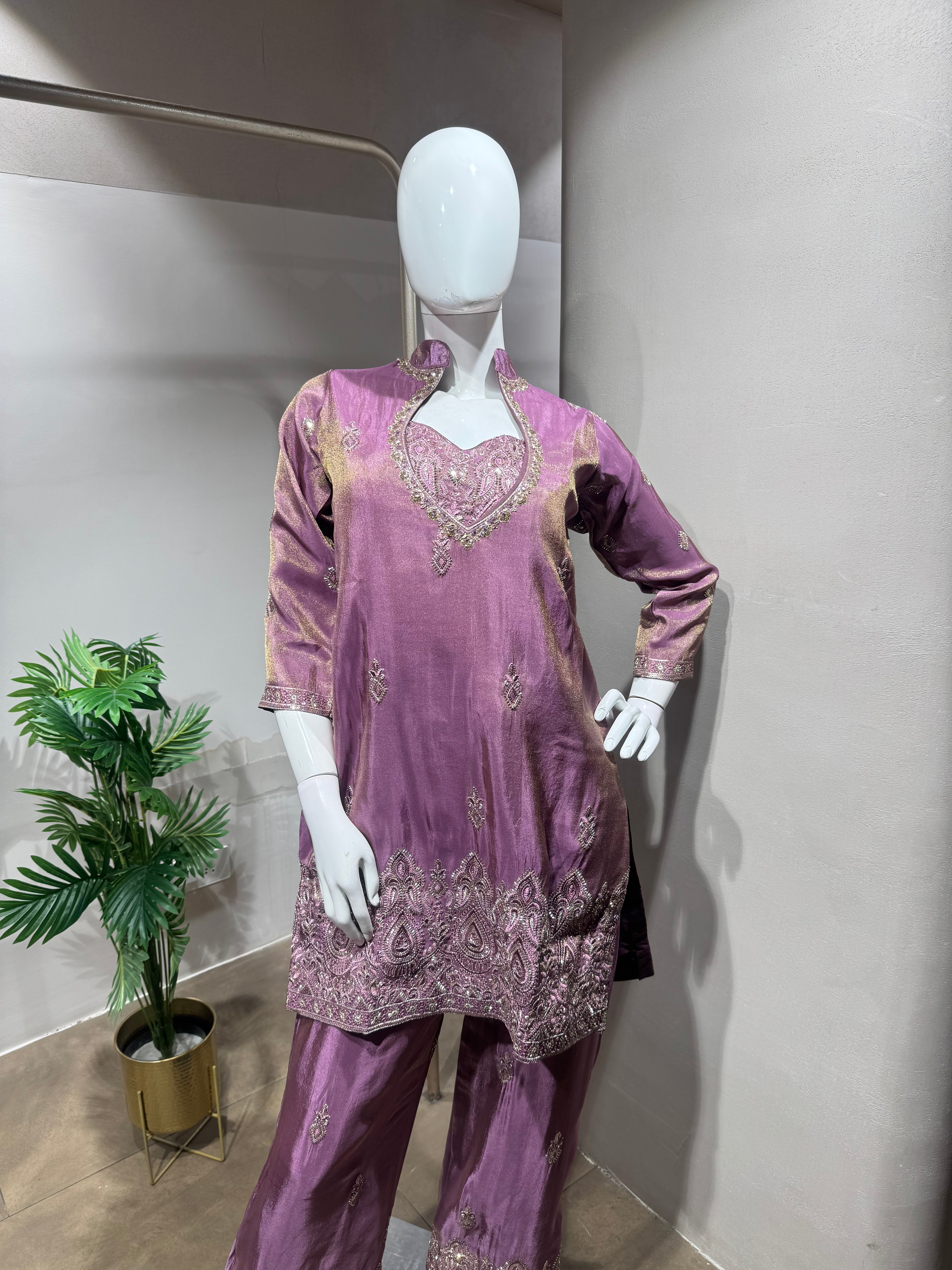 Purple shimmer tissue salwar with farsi pants