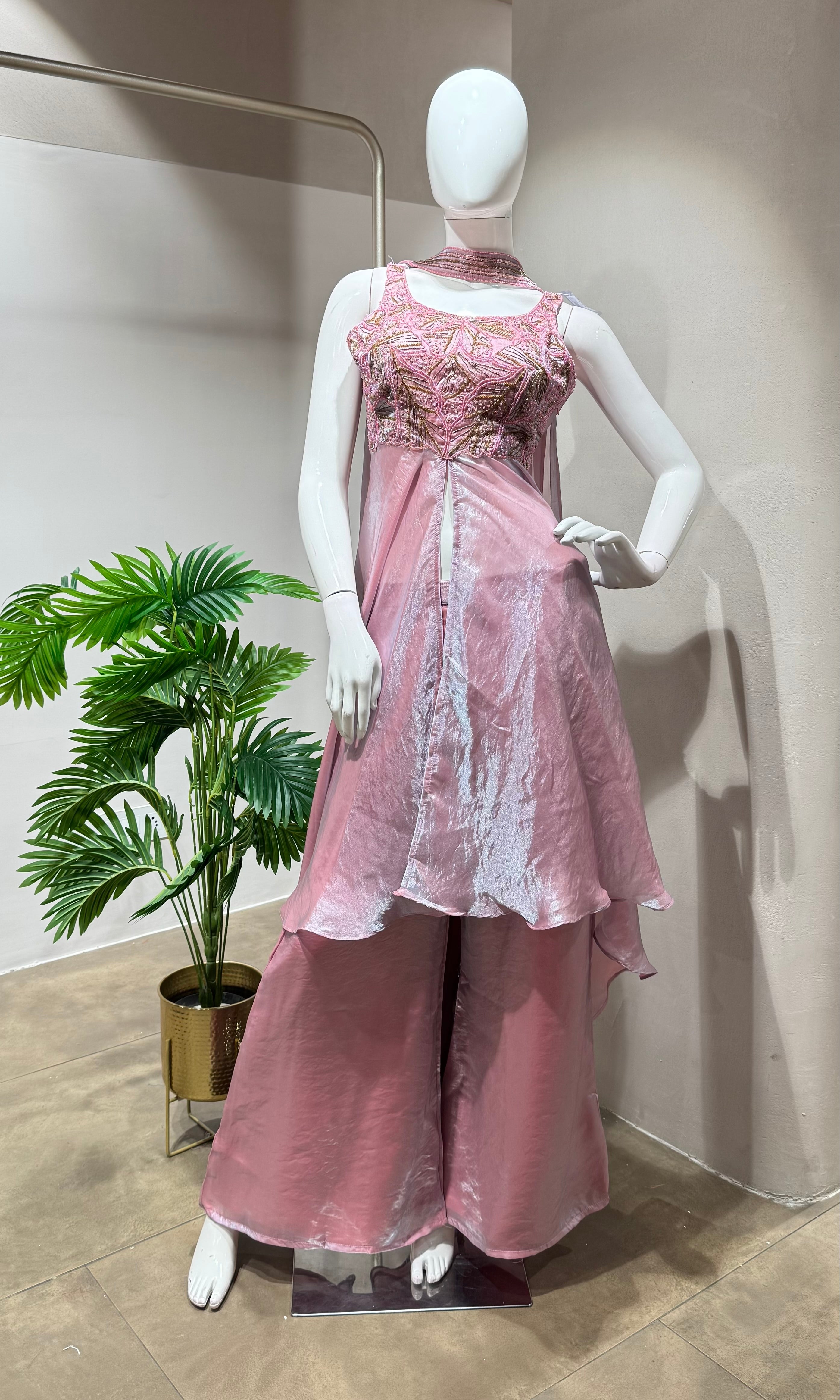 PINK A LINE SHIMMER TISSUE PALAZOO SET