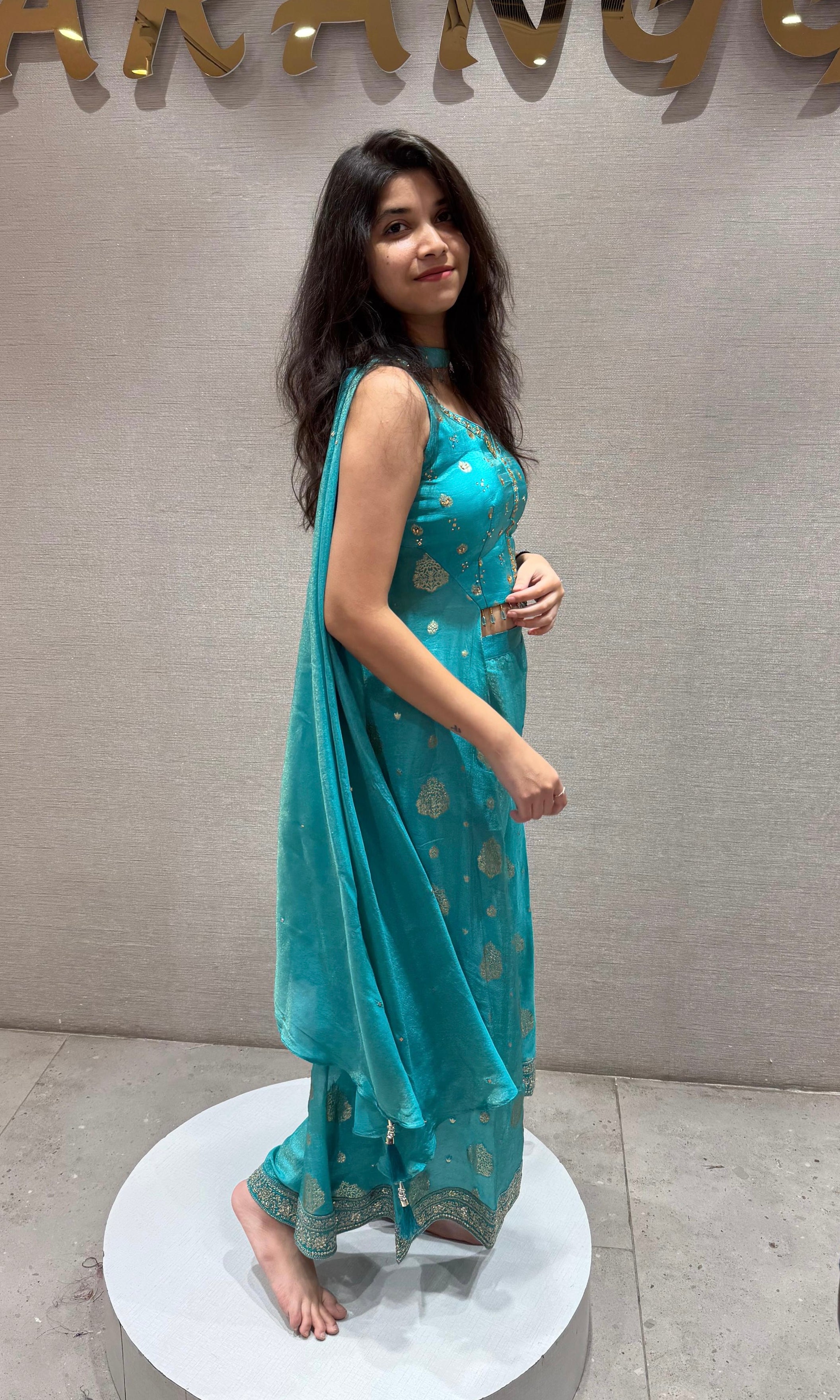 Aqua BLUE Slit Top & straight Pant Set