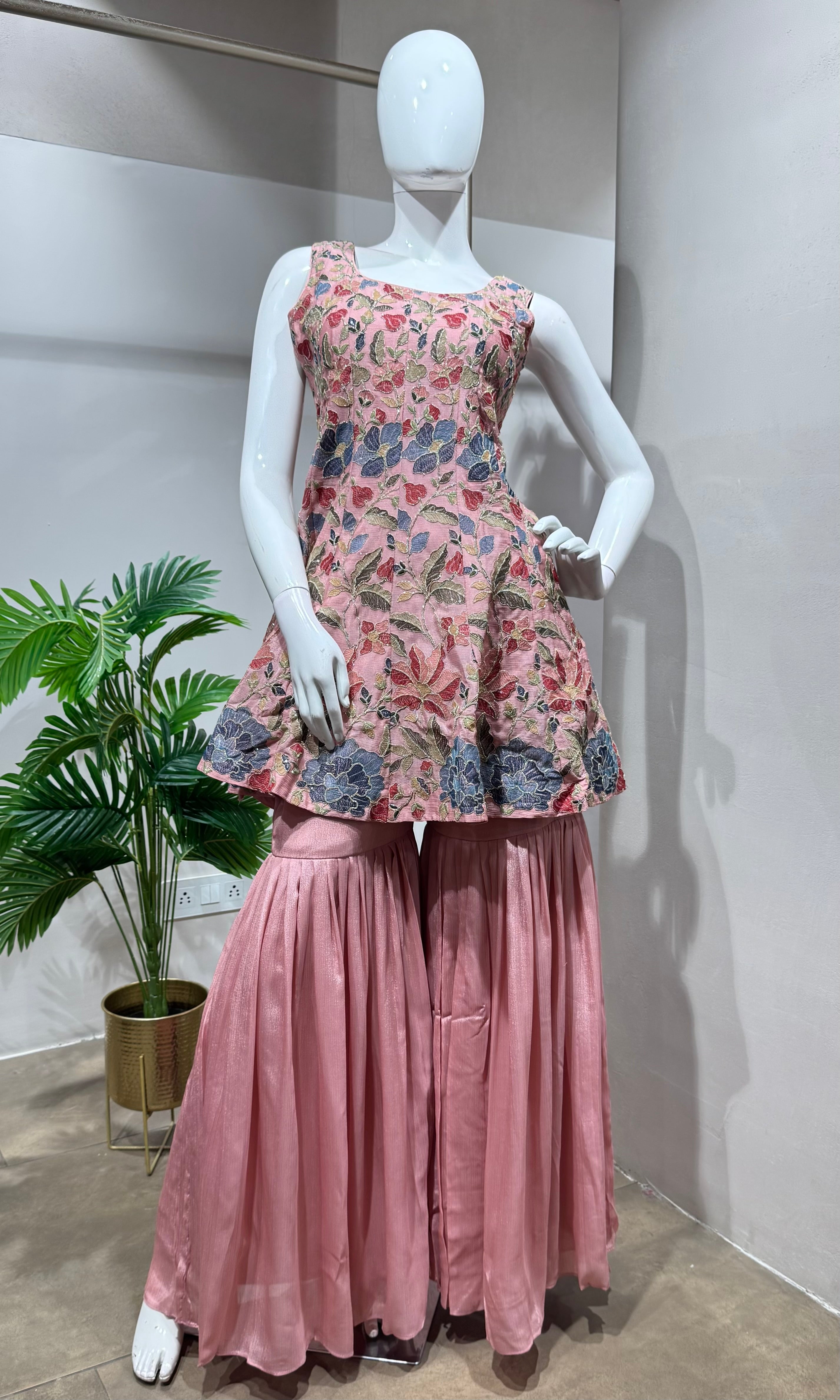 PINK Floral Embroidery SHARARA Set
