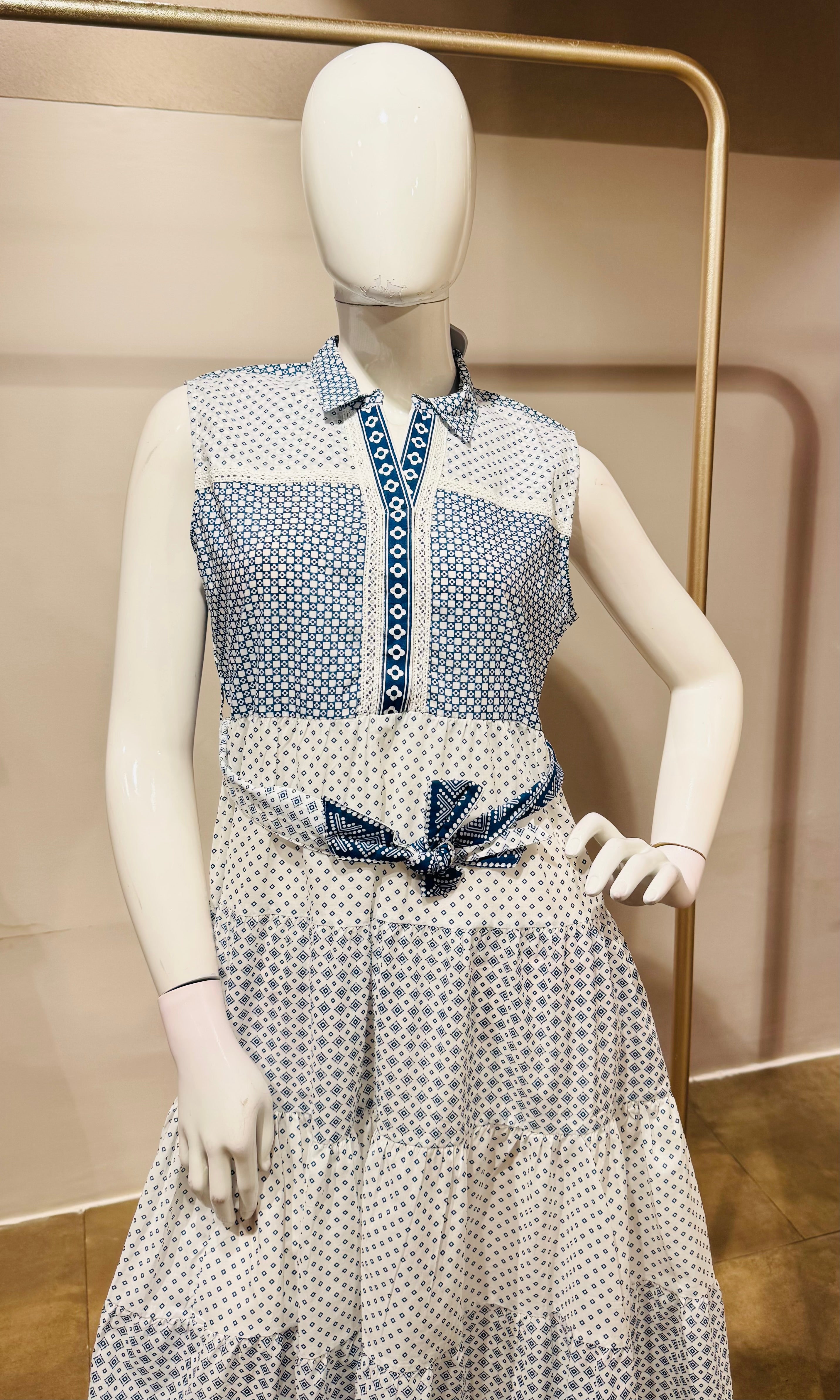 blue and white geometric printed frock