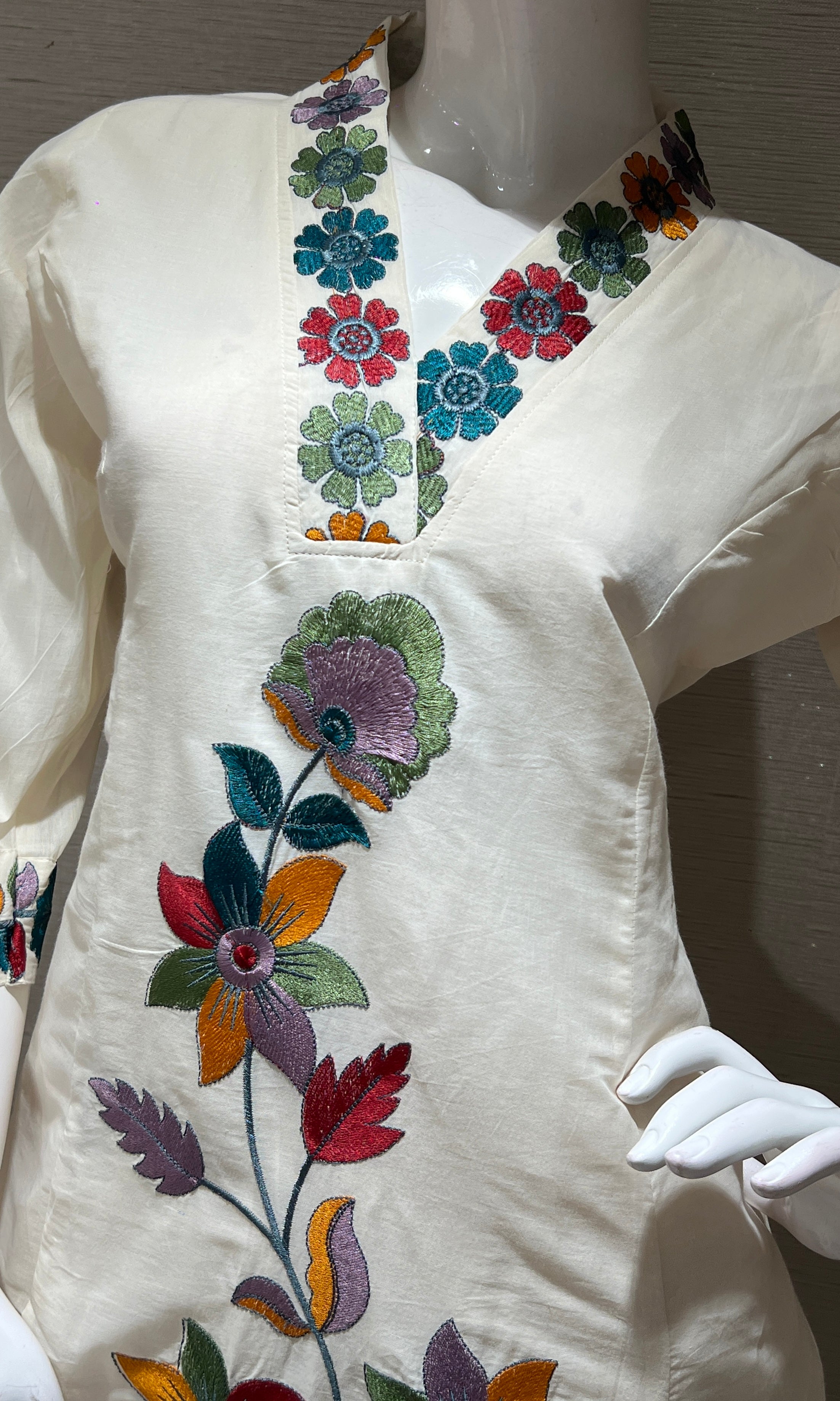 Cream floral patch work kurta set