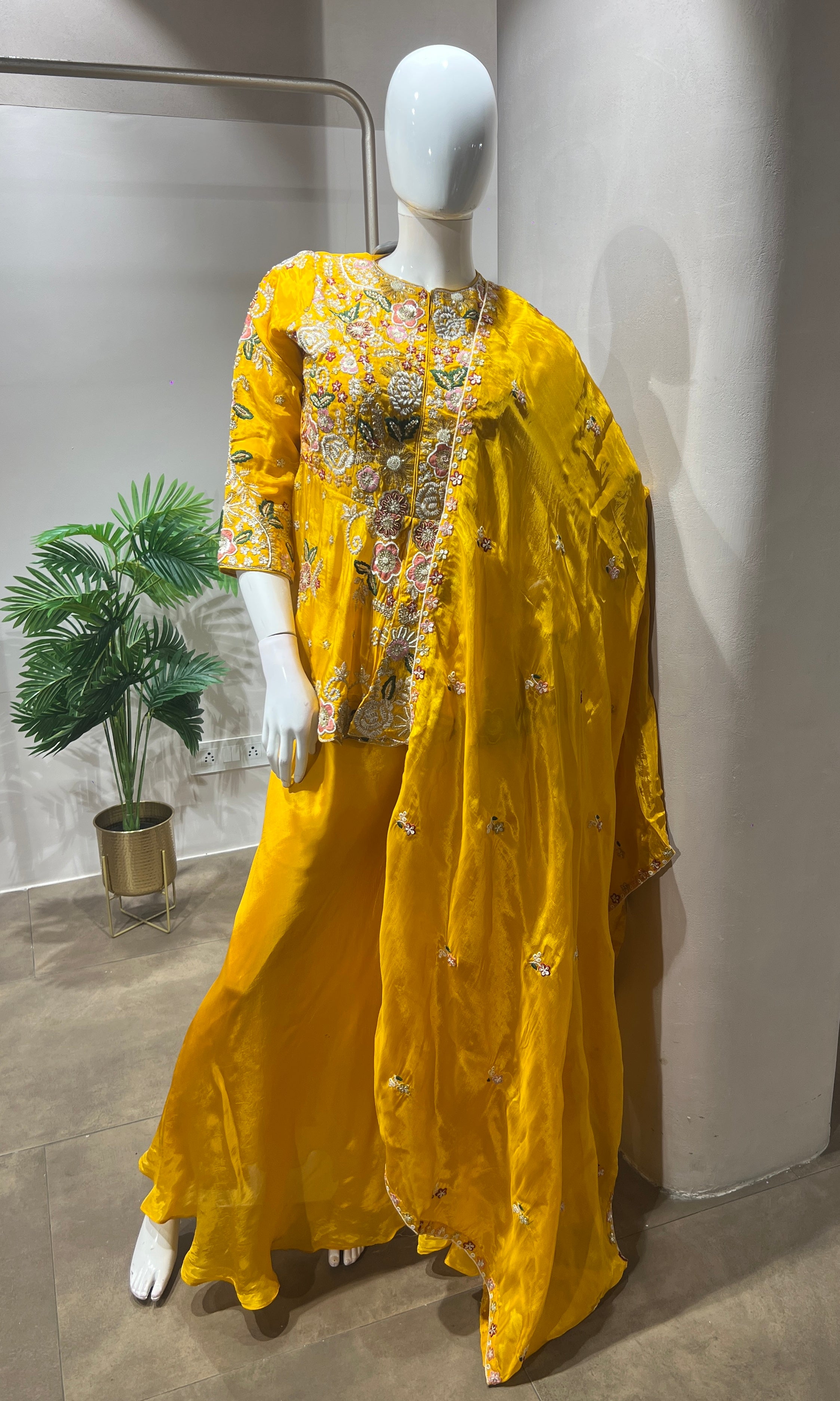 Yellow Palazzo Set with Floral Embroidery