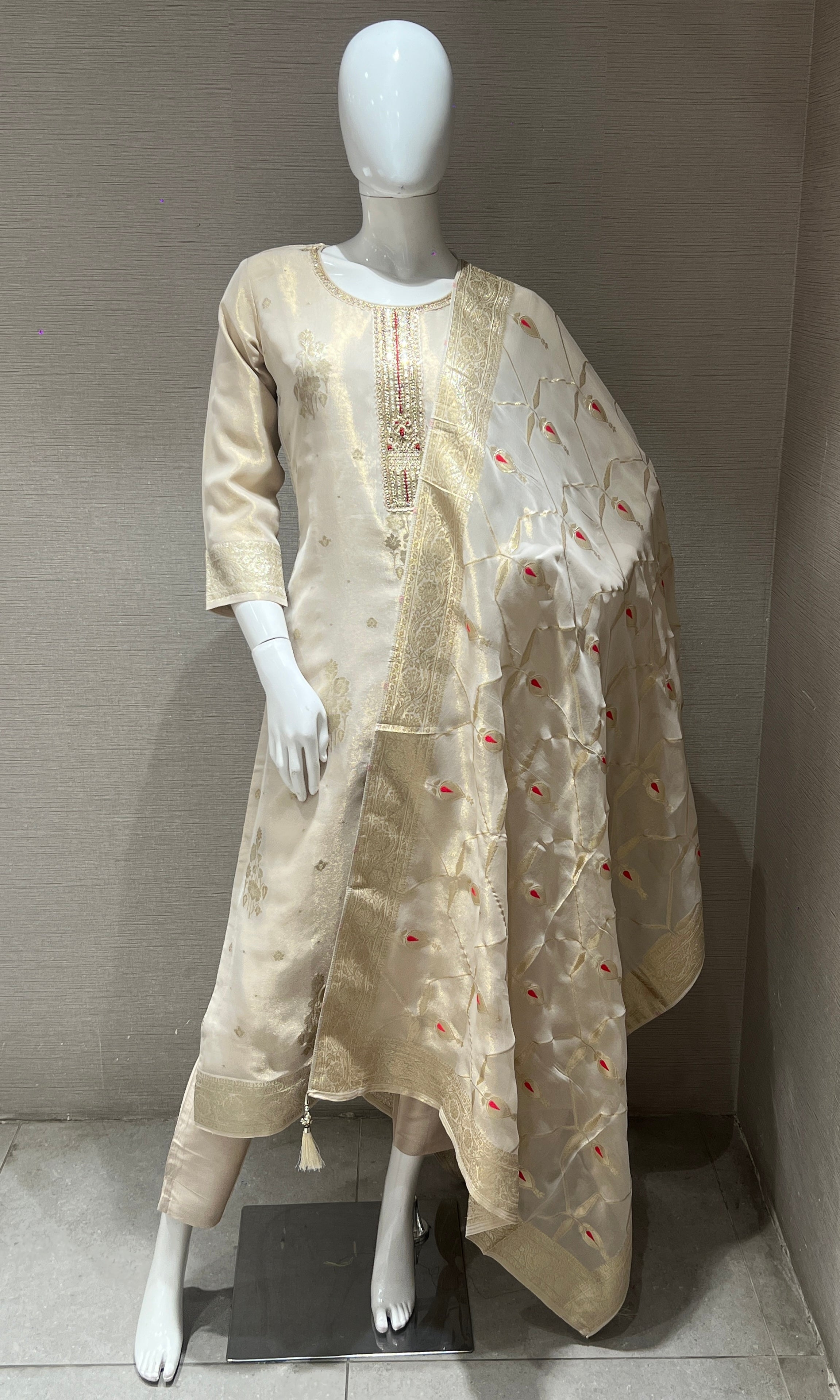 Beige Chanderi Embroidered Kurta Set