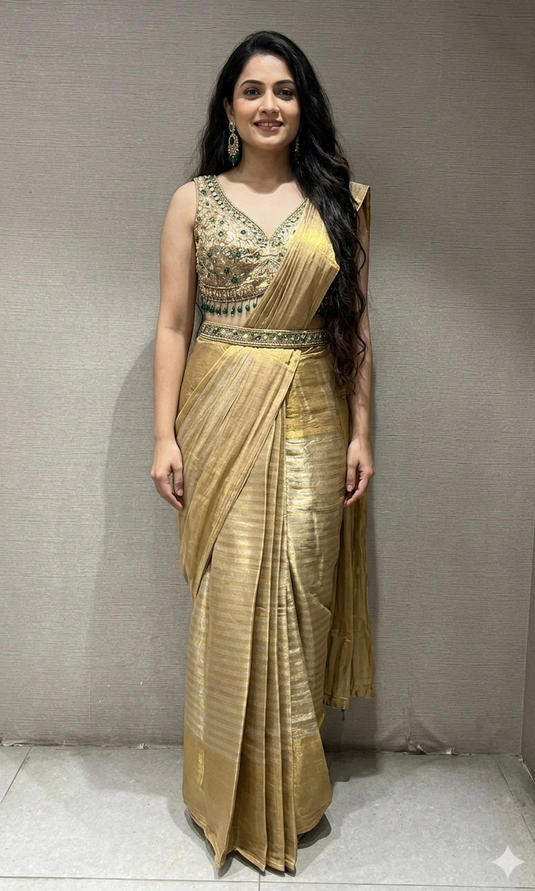 GOLDEN DRAPE SAREE WITH EMBELLISHED BLOUSE