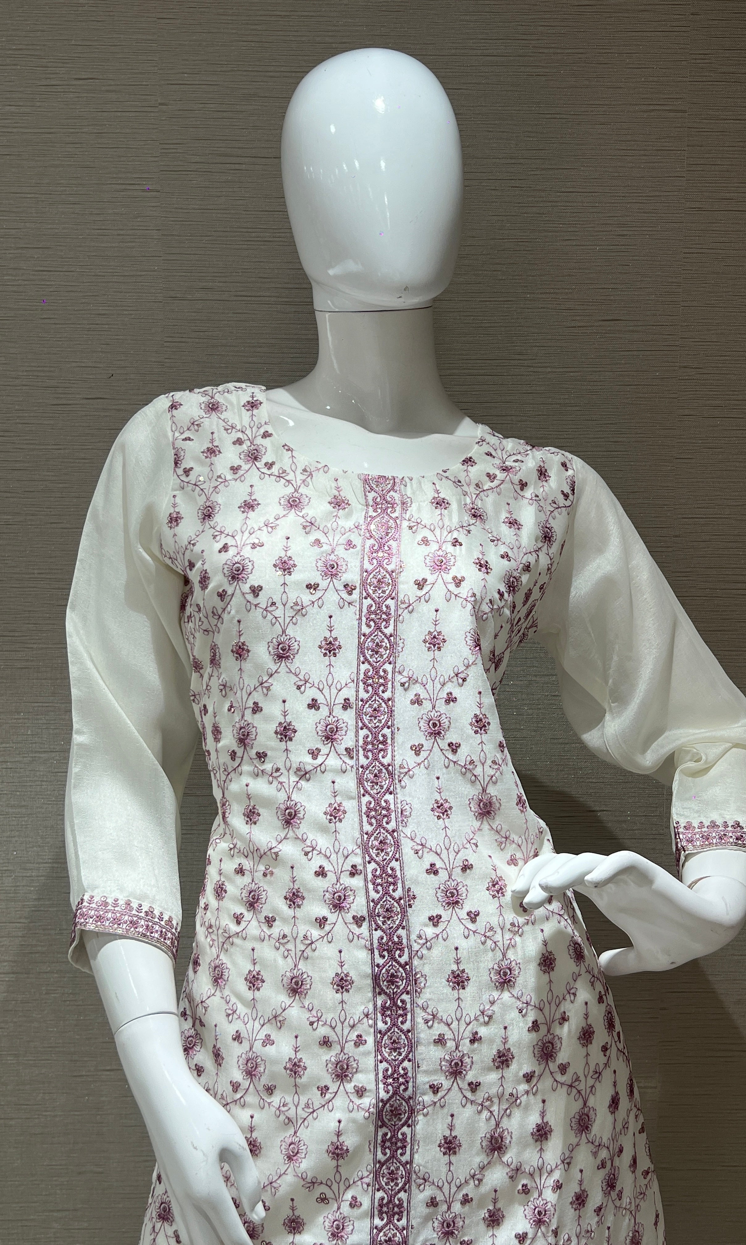 white and purple embroidered kurta set