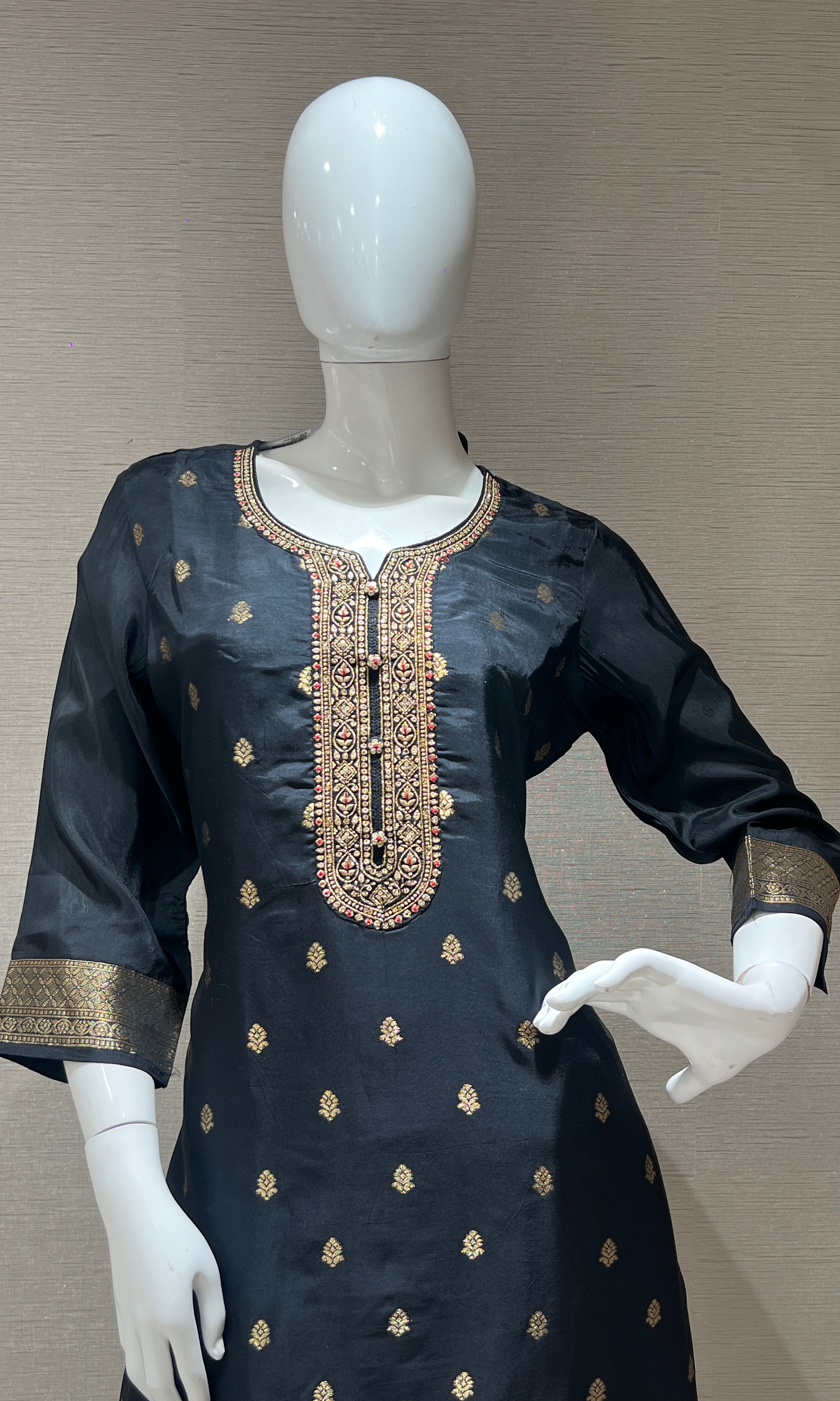 Black Embroidered Kurta Set with Floral Dupatta
