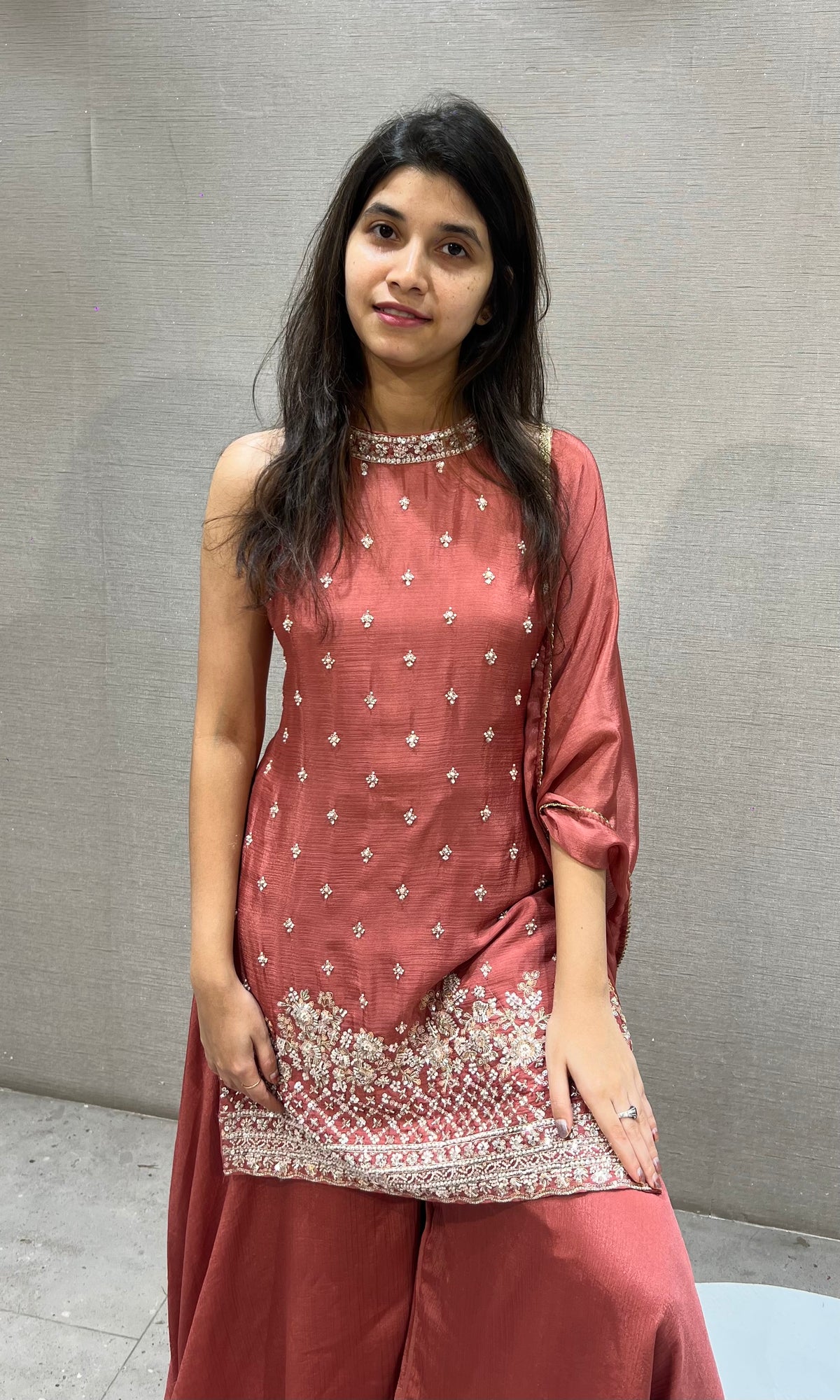 Rust Silk Embroidered Kurta and Palazzo Set