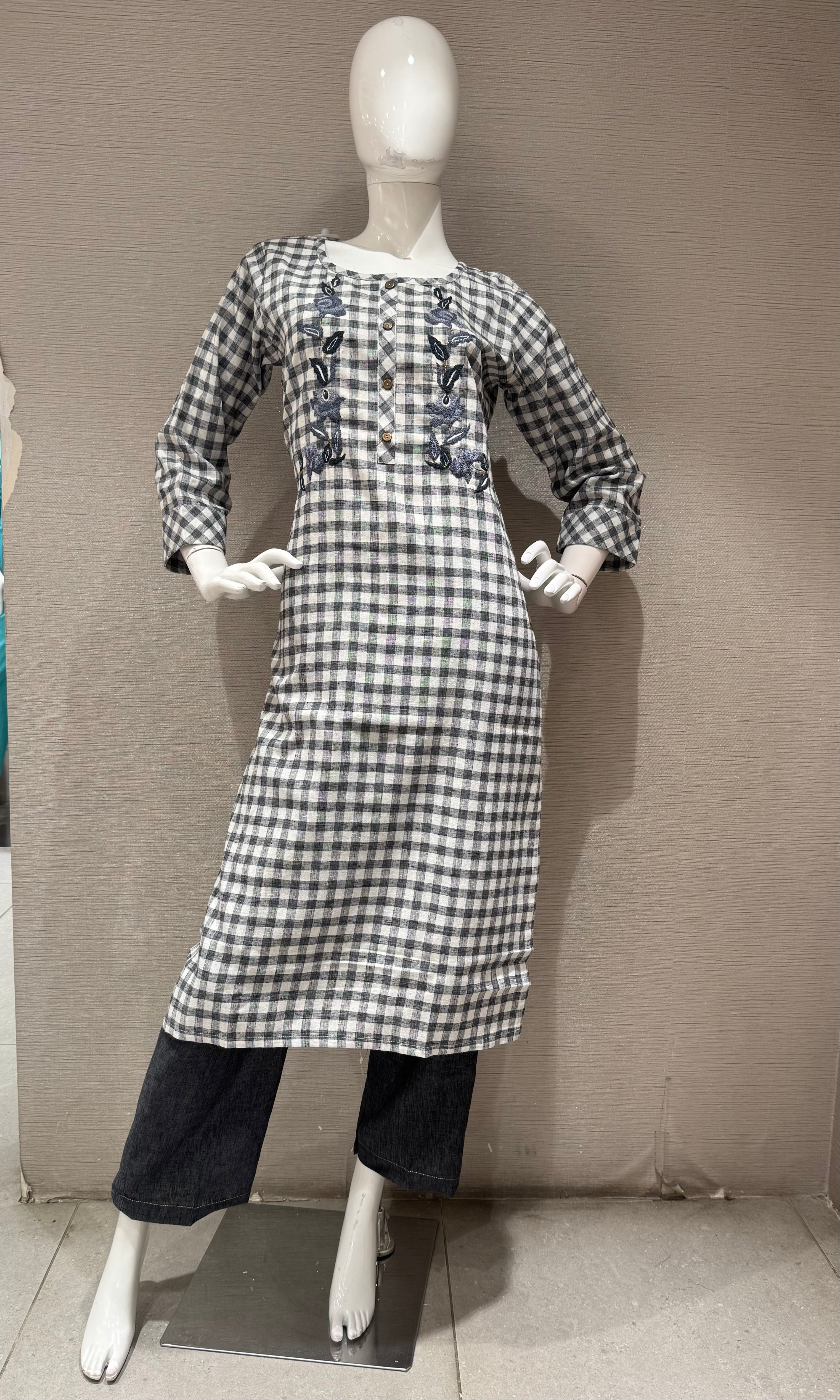 Grey and White Gingham Square Neck Tunic top bottom