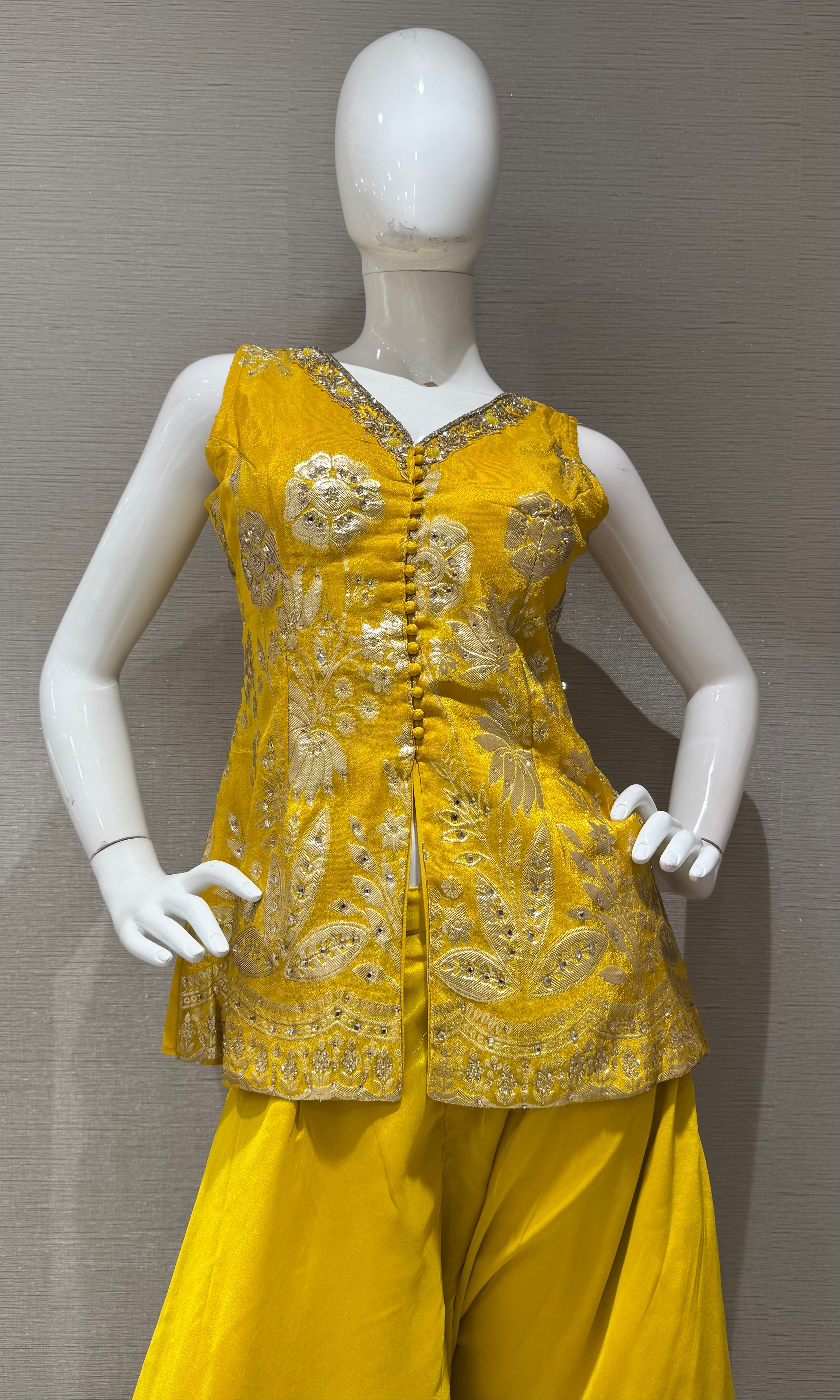 Yellow Embroidered Short Peplum Palazzo Set with Dupatta
