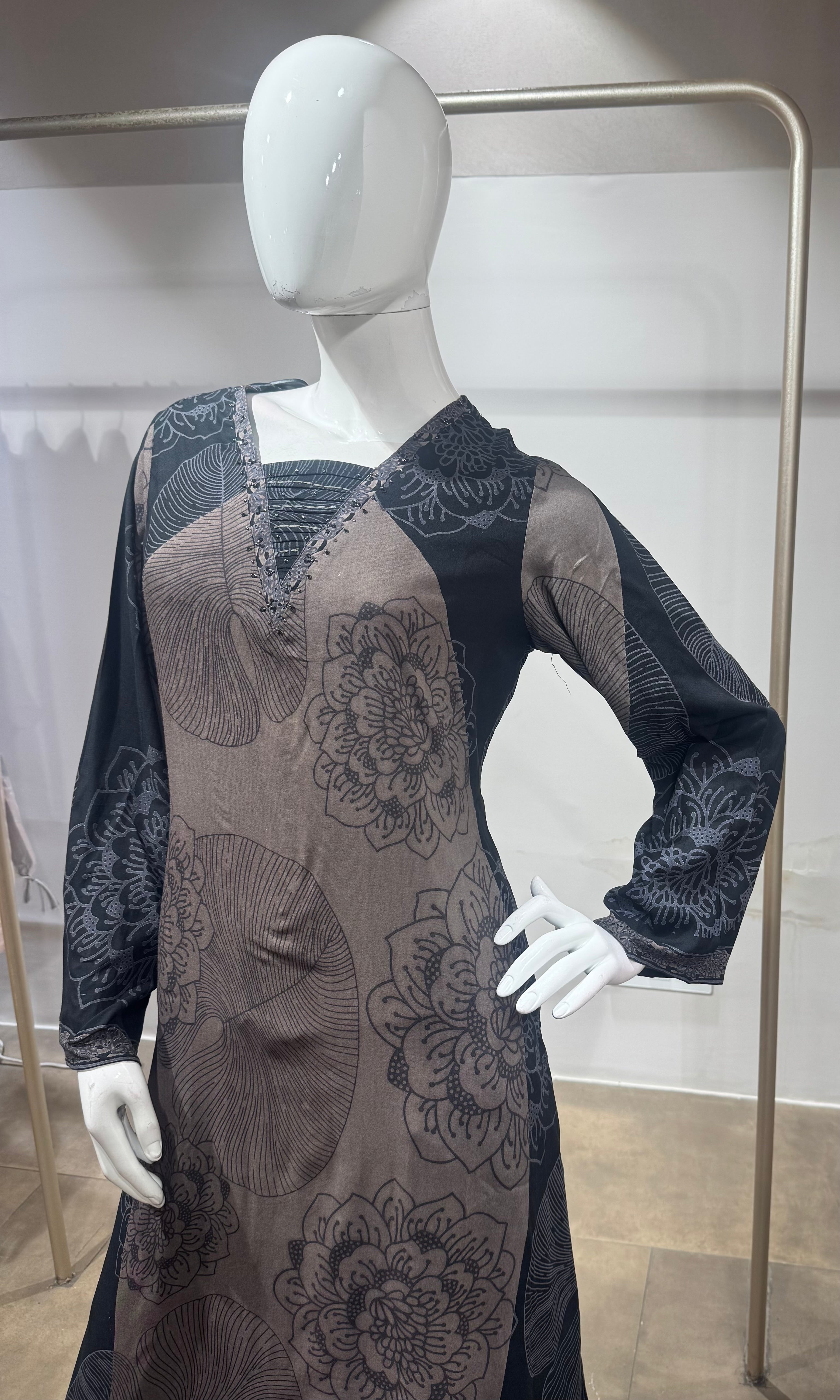 Grey Charcoal Damask Layered Kurta Set