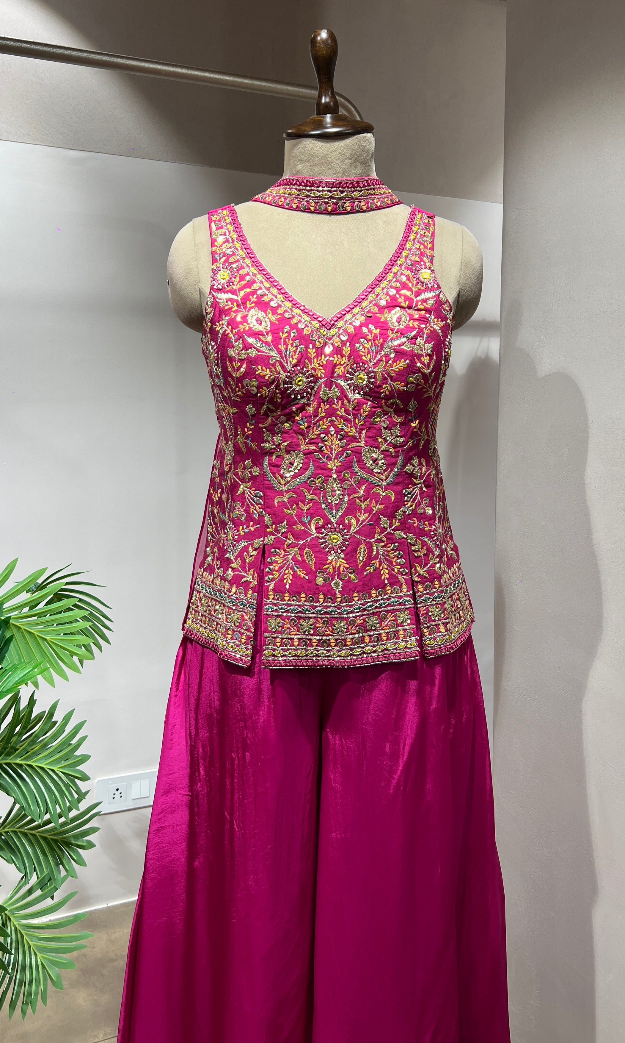 Pink Embroidered Peplum & Palazzo Set