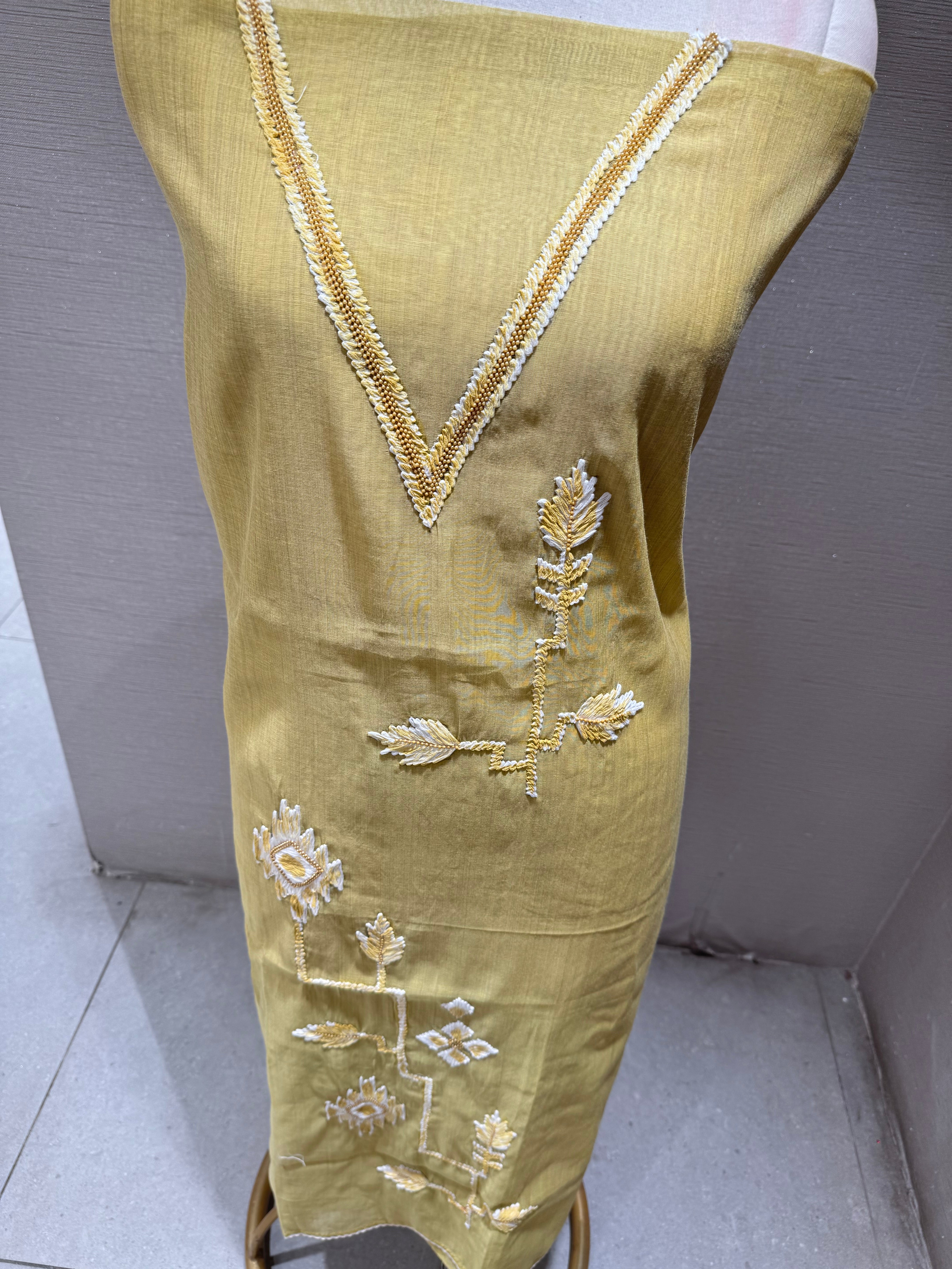 Olive green Dress Material with Geometric Embroidery