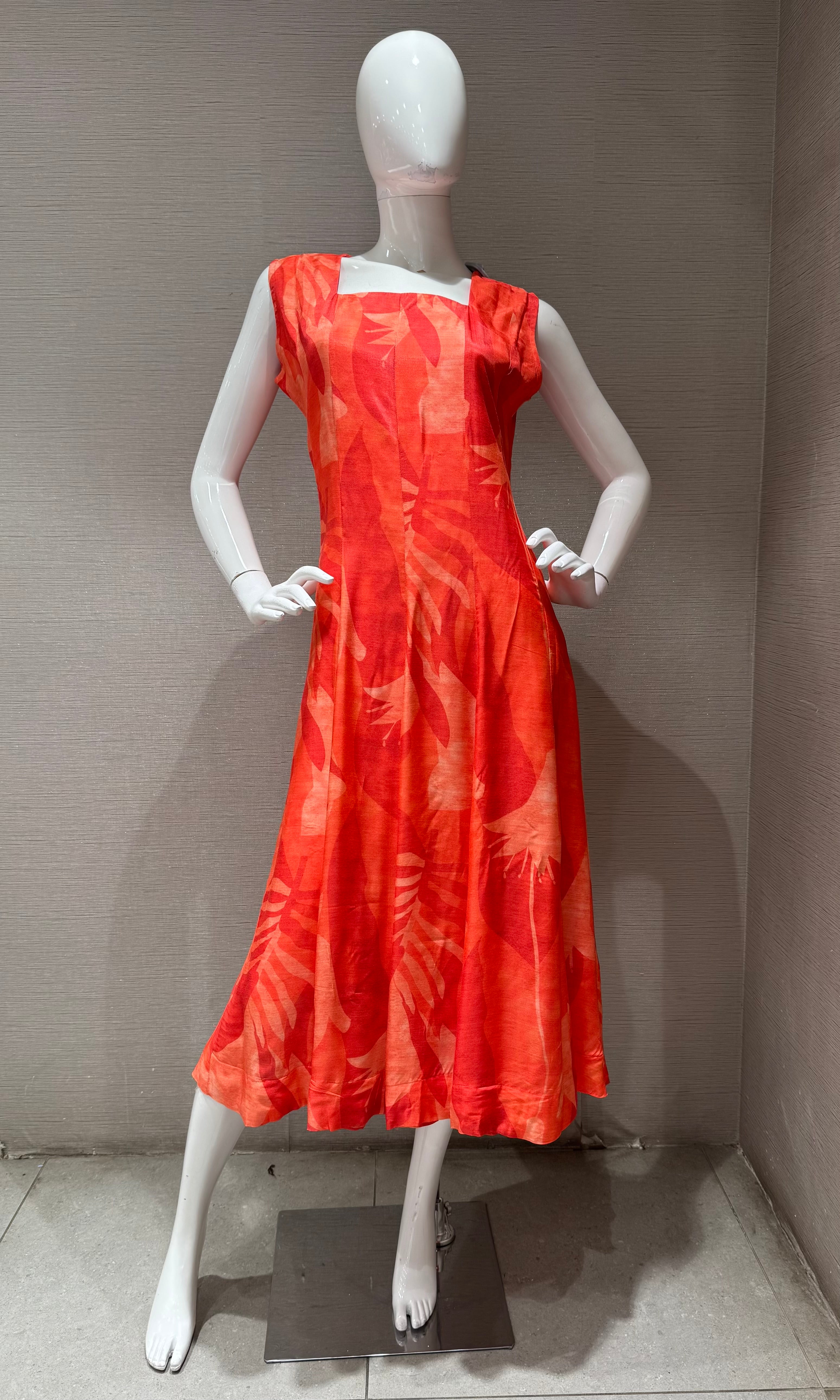 Orange Abstract Leaf Print Flare kurti