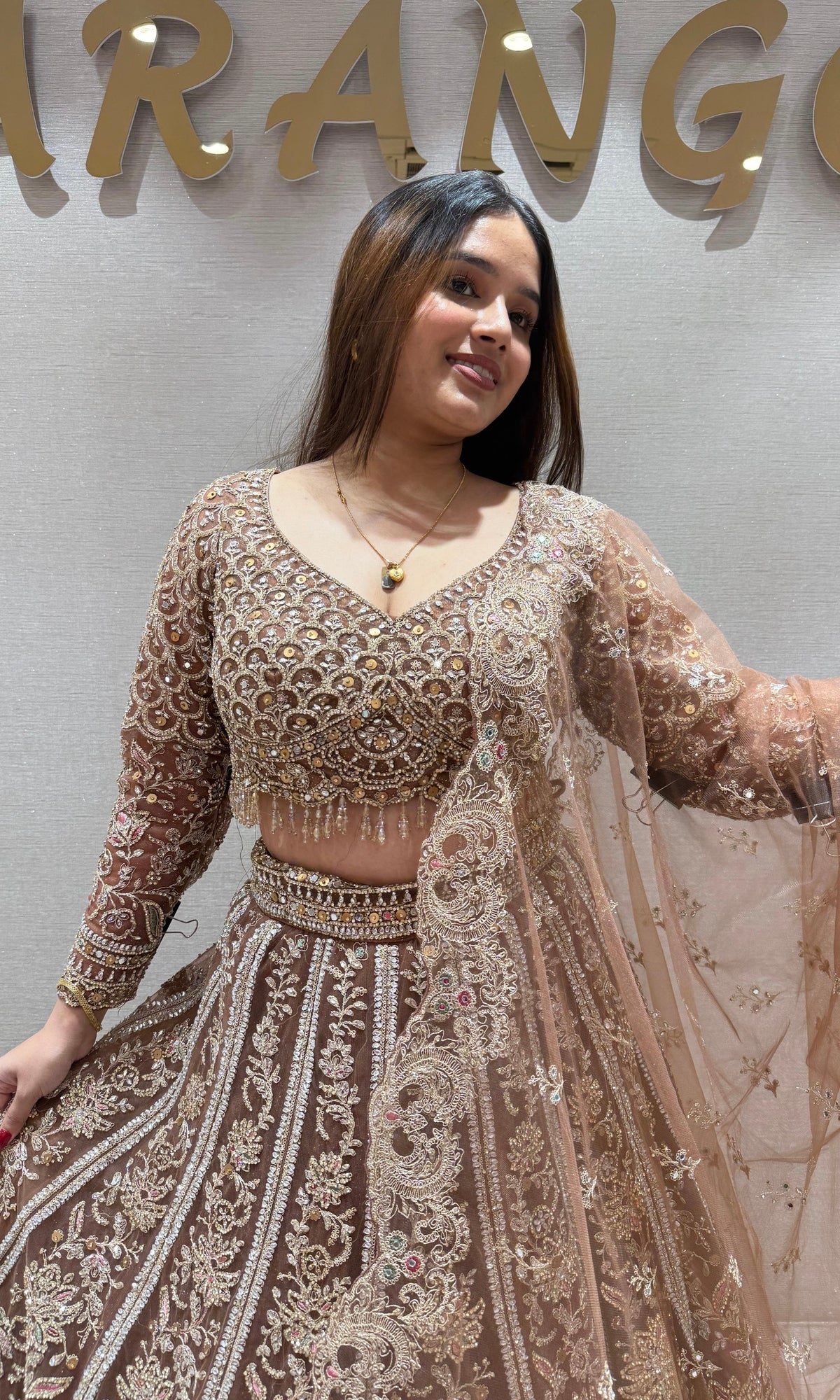 mocha Brown Lehenga with gold embroidered