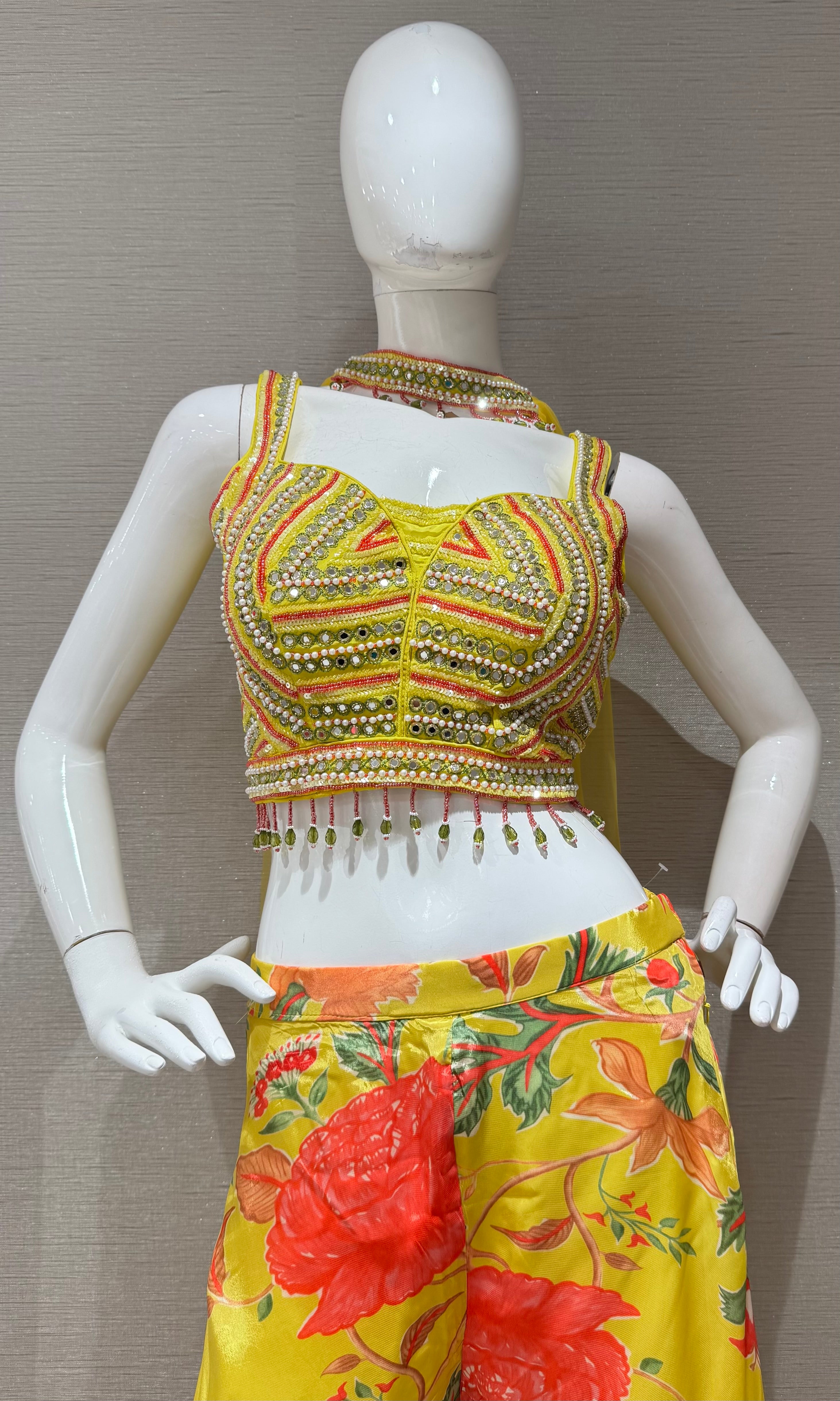 Yellow Embroidered crop top palazzo set
