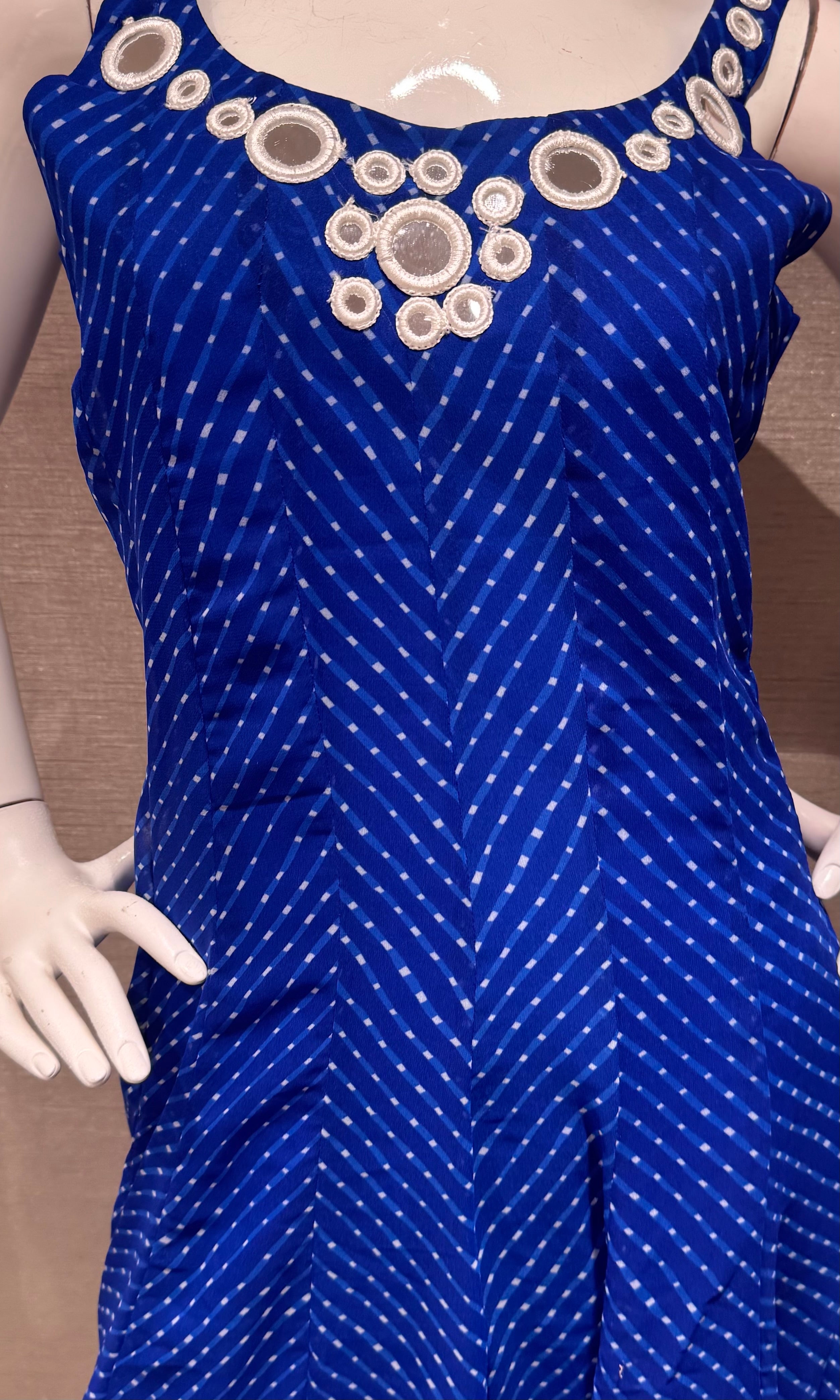 Blue bandhani print and intricate mirror anarkali set
